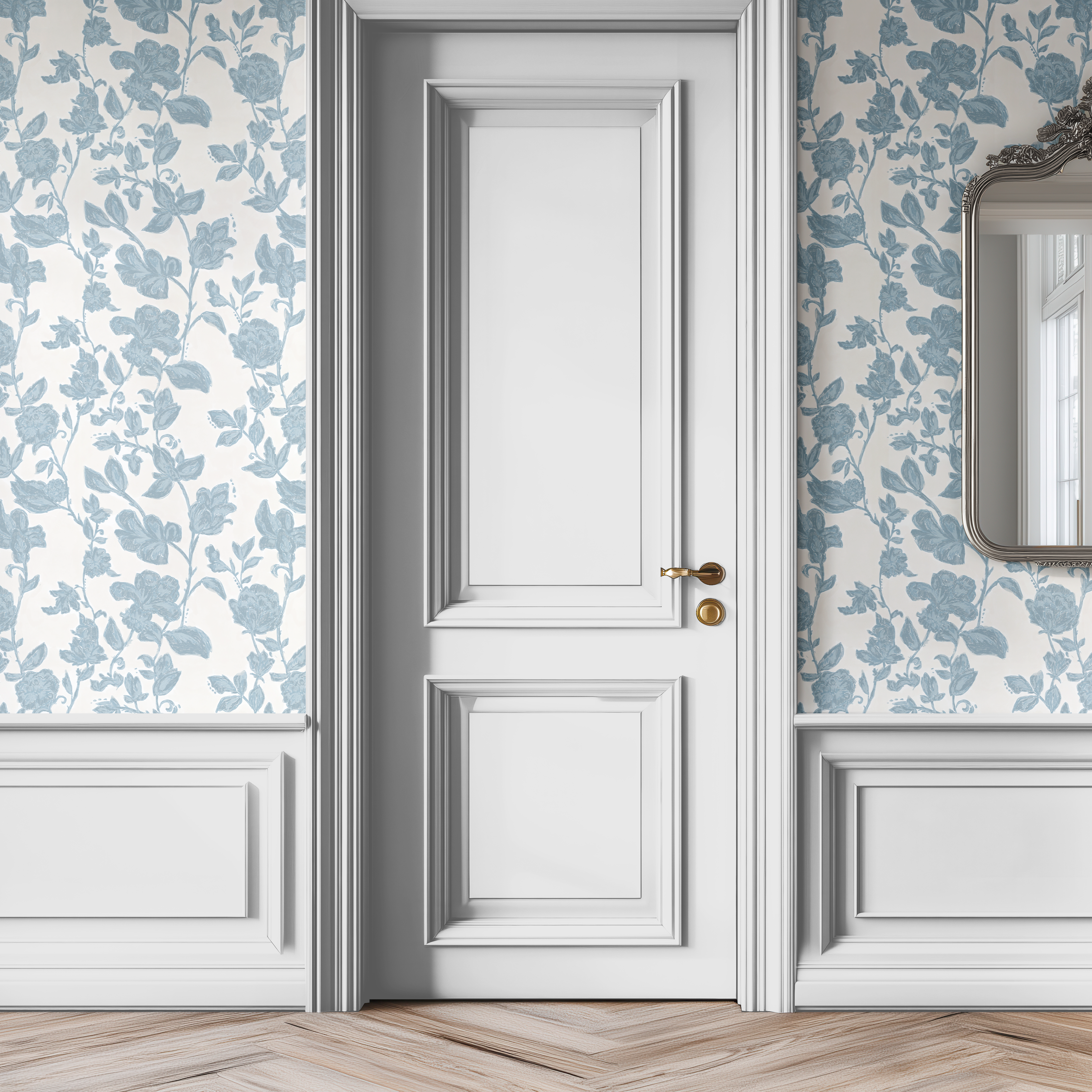 wedgewood blue floral wallpaper above wainscoting in classic hallway with white trim and traditional paneling