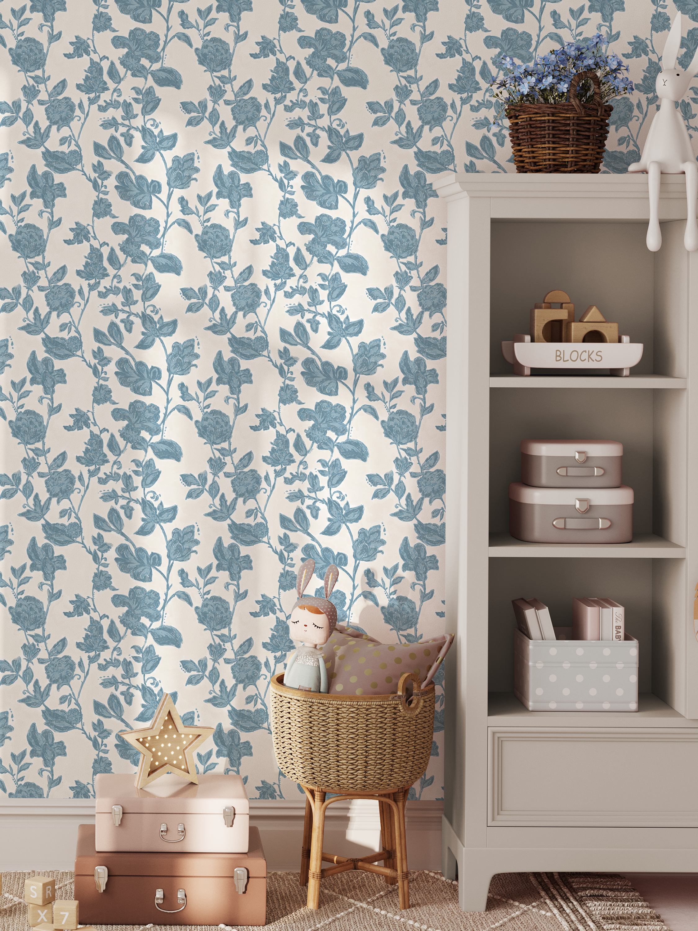 Room interior with floral wallpaper, bookshelf, and decorative items.