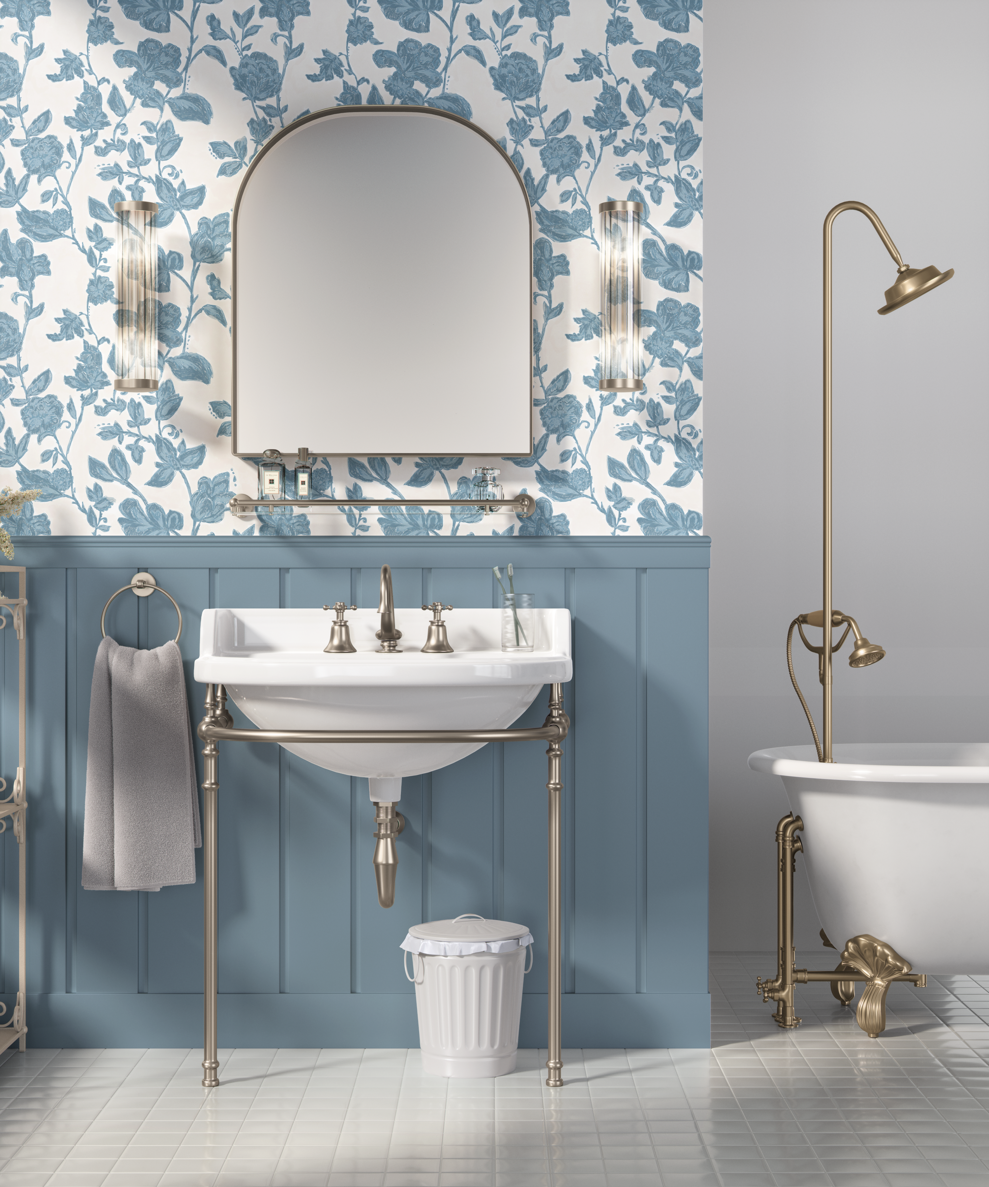 traditional bathroom with blue floral wallpaper, clawfoot tub and classic fixtures in vintage style space