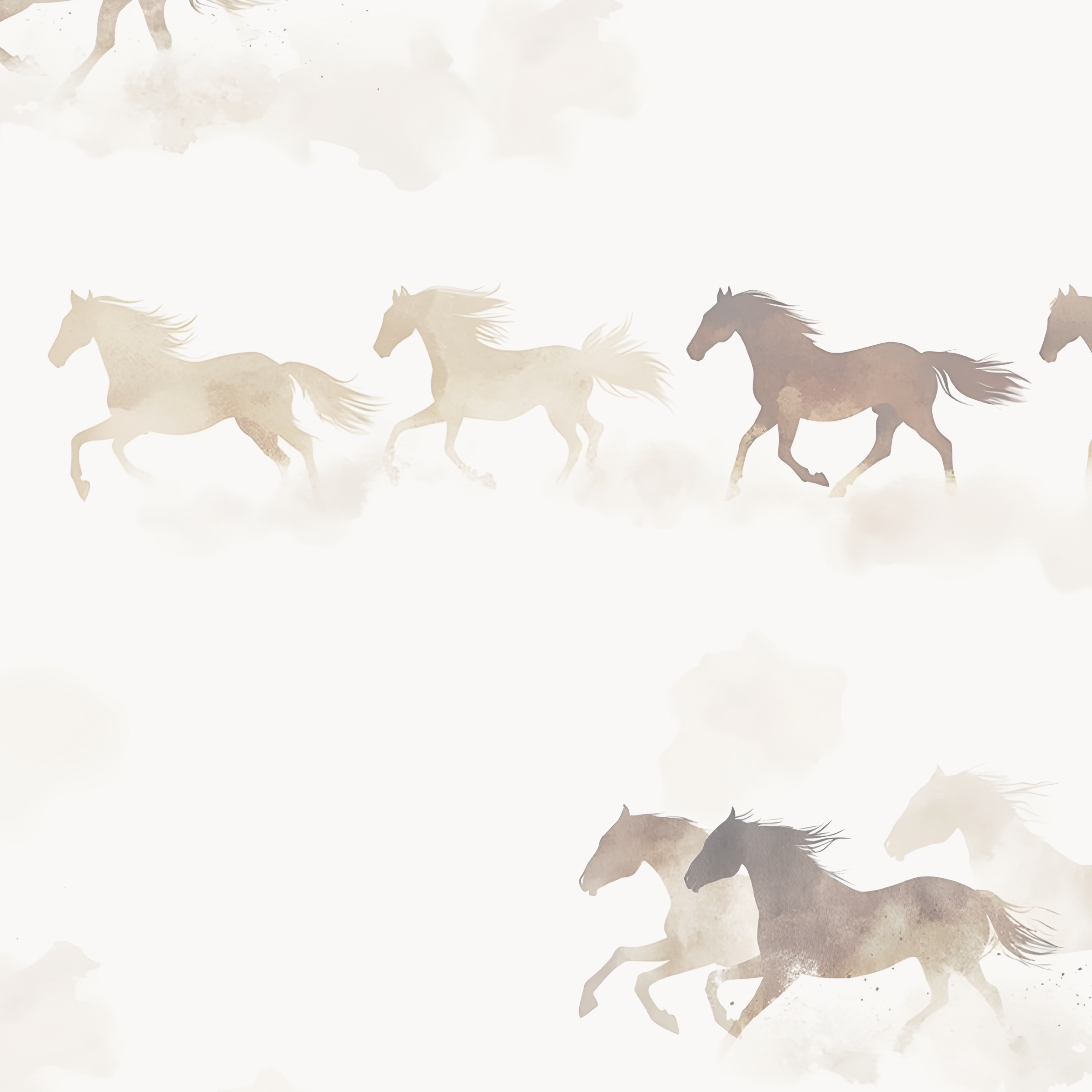 Pattern of running horses in various colors on a light background