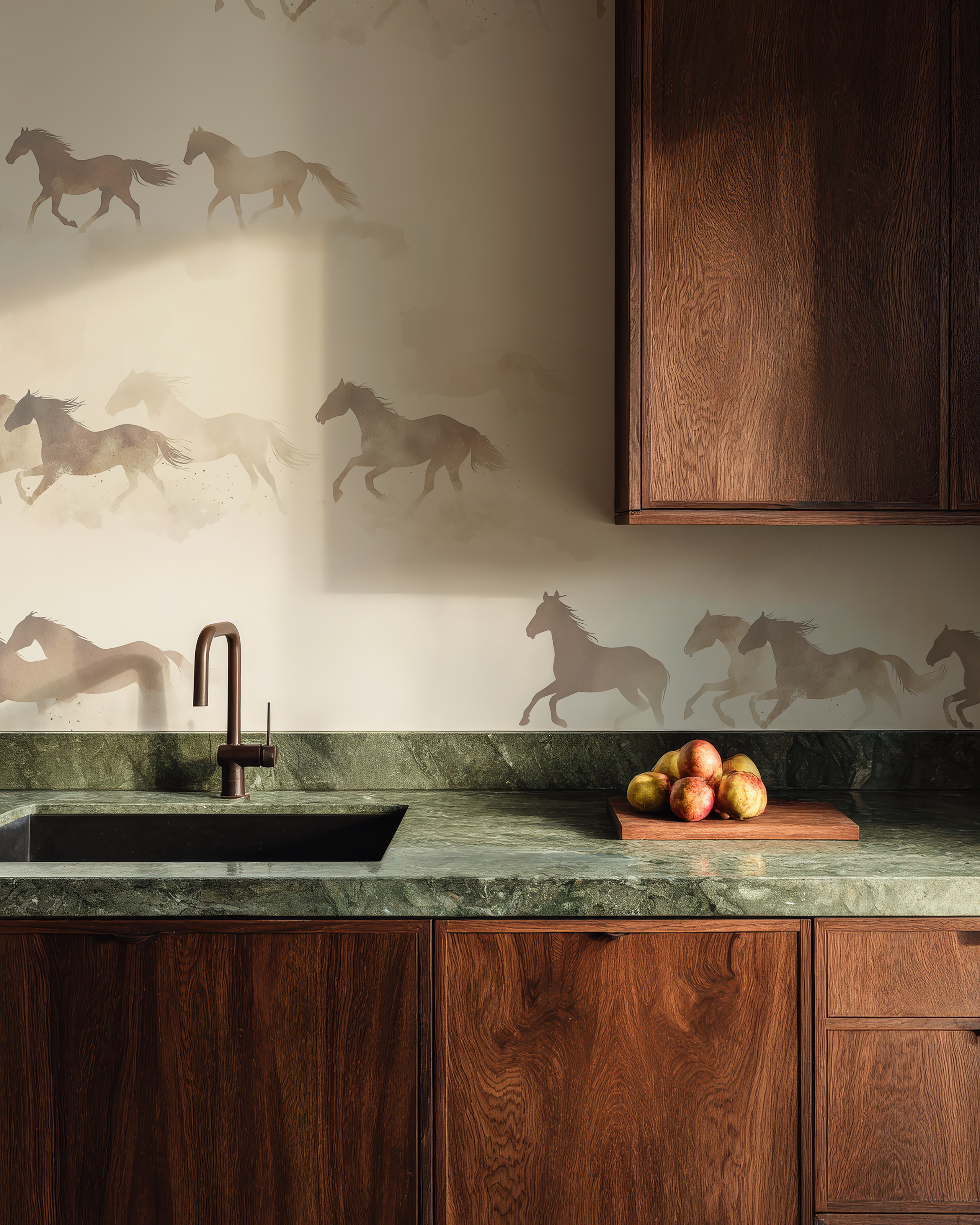 Neutral horse wallpaper in rustic kitchen featuring watercolor running horses, western farmhouse wallpaper design