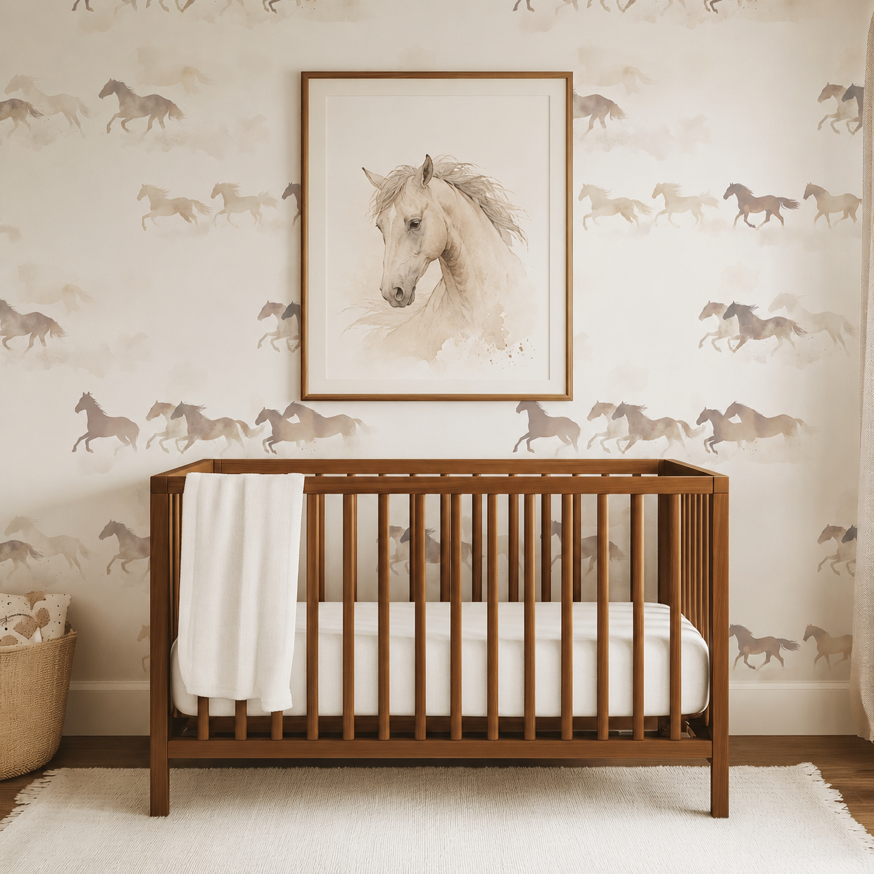 Horse nursery wallpaper with watercolor running horses in taupe and beige tones, western nursery wall decor