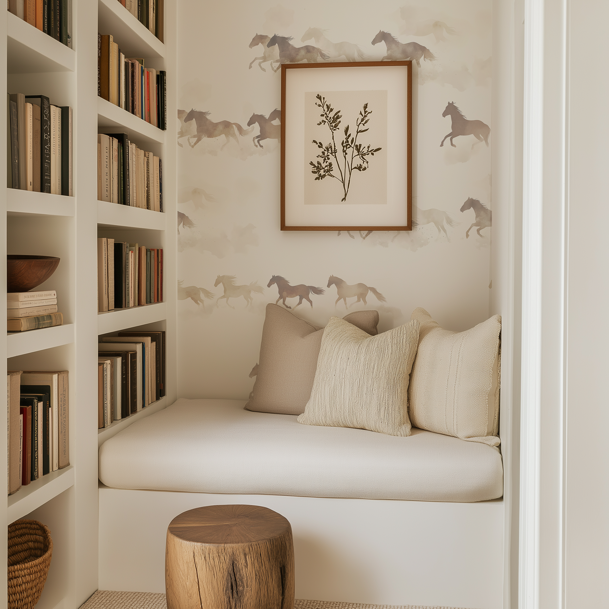 Wild and Free Horse Wallpaper in cozy reading nook with neutral watercolor horses, western wallpaper, equestrian home decor