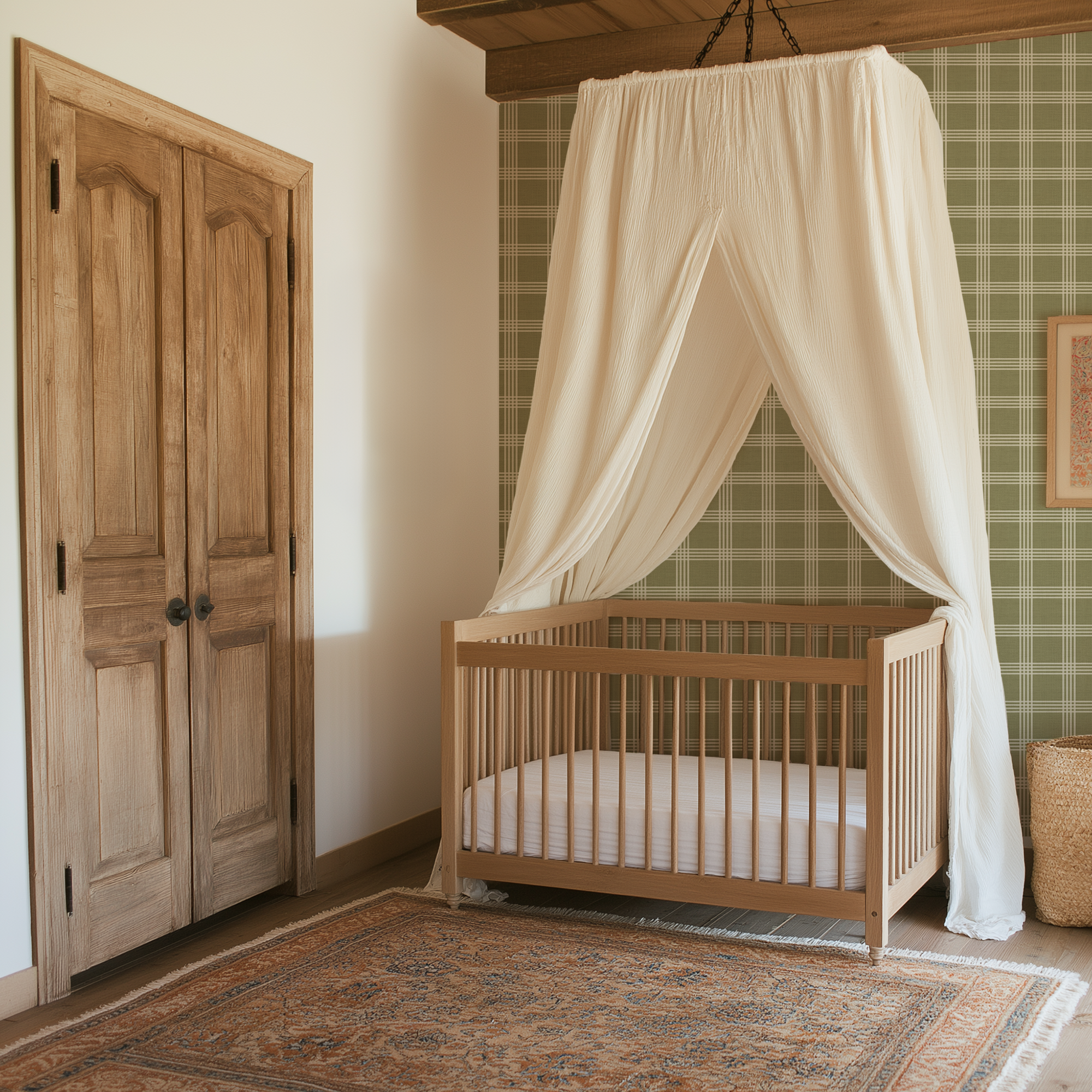 Willow Green Plaid Victorian Nursery Wallpaper with canopy crib and vintage sage green plaid feature wall