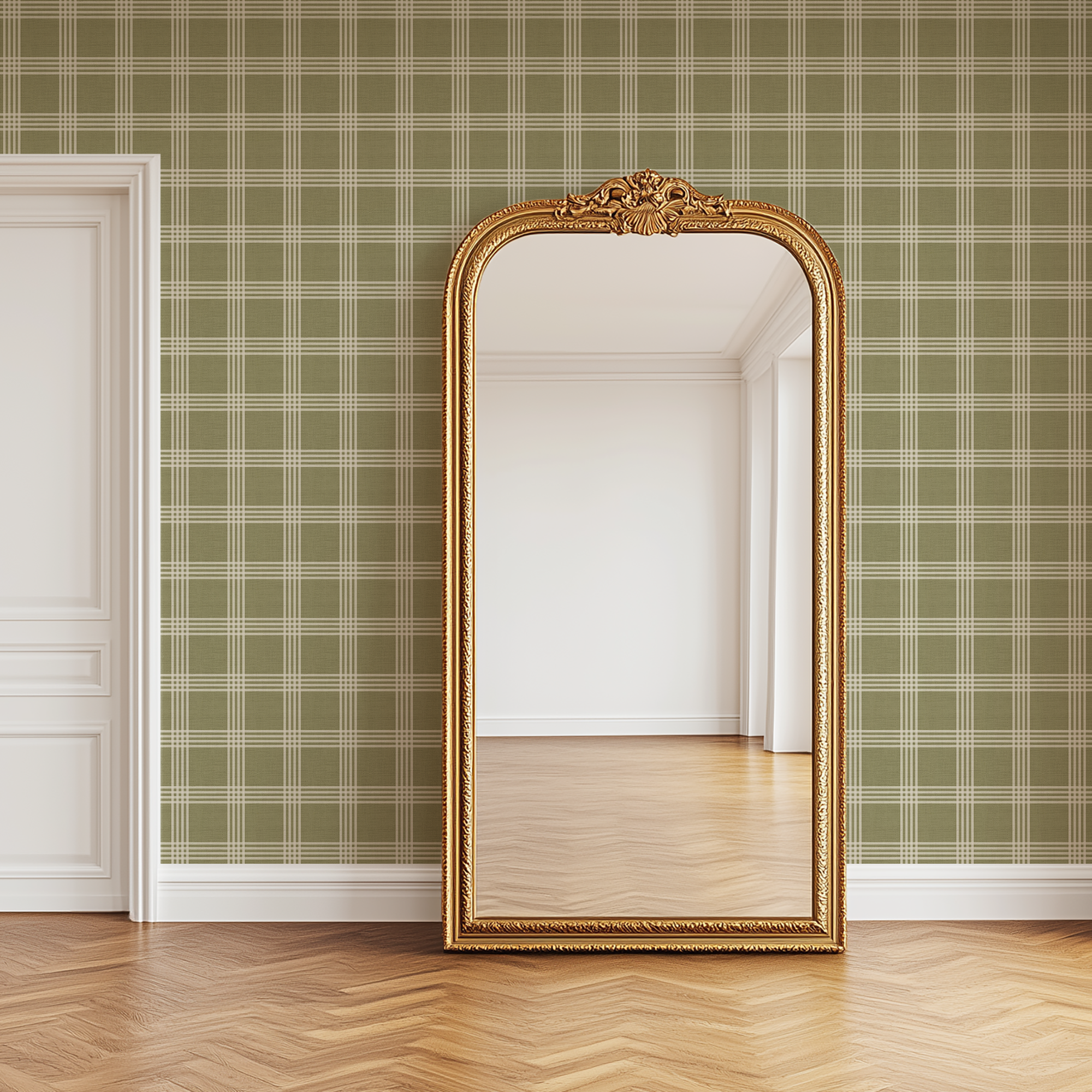 Willow Green Plaid Wallpaper in vintage room with ornate gold mirror and sage green plaid wall pattern