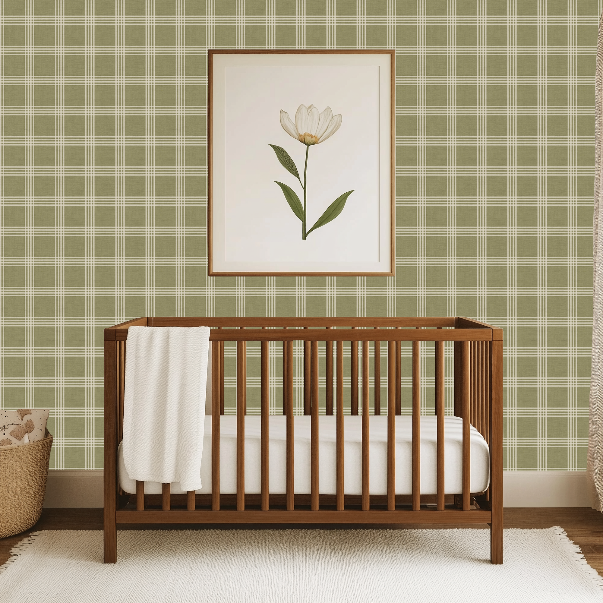 Willow Green Plaid Wallpaper in nursery with wooden crib and soft green plaid wallpaper backdrop