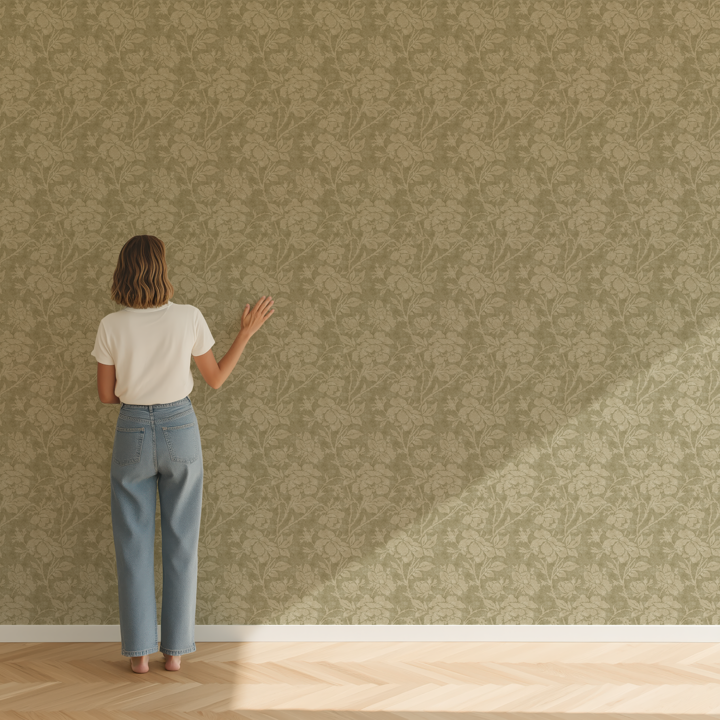 Woven Rose wallpaper scale view showing the size and repeat of the vintage floral pattern