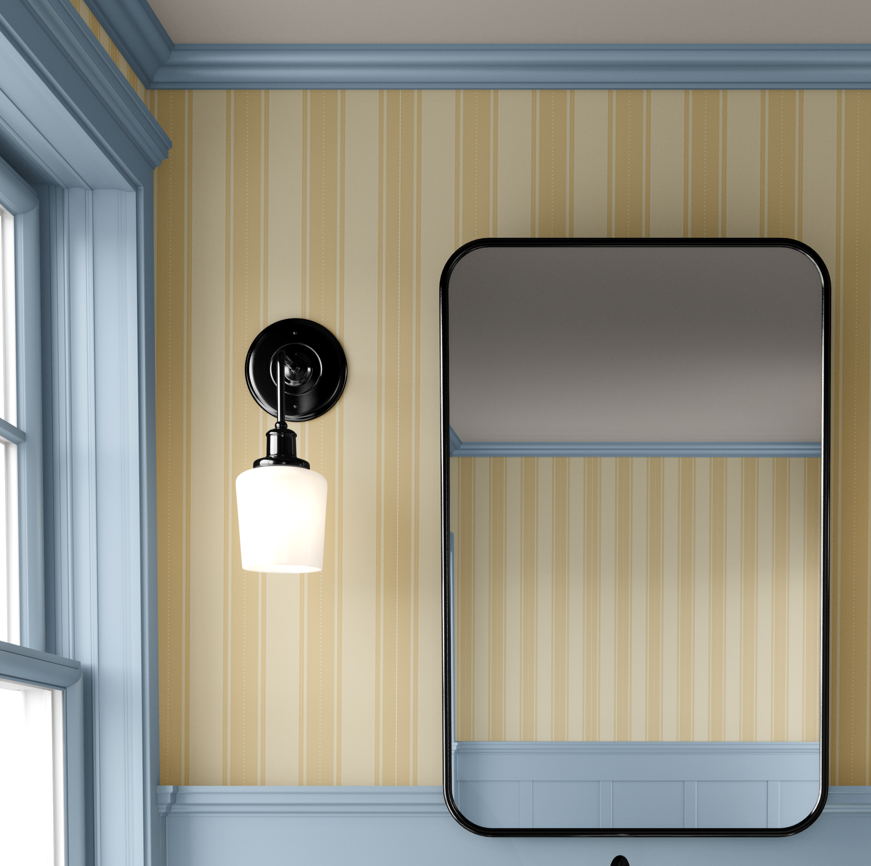 Lemon Yellow striped wallpaper in bathroom with black sconce and mirror