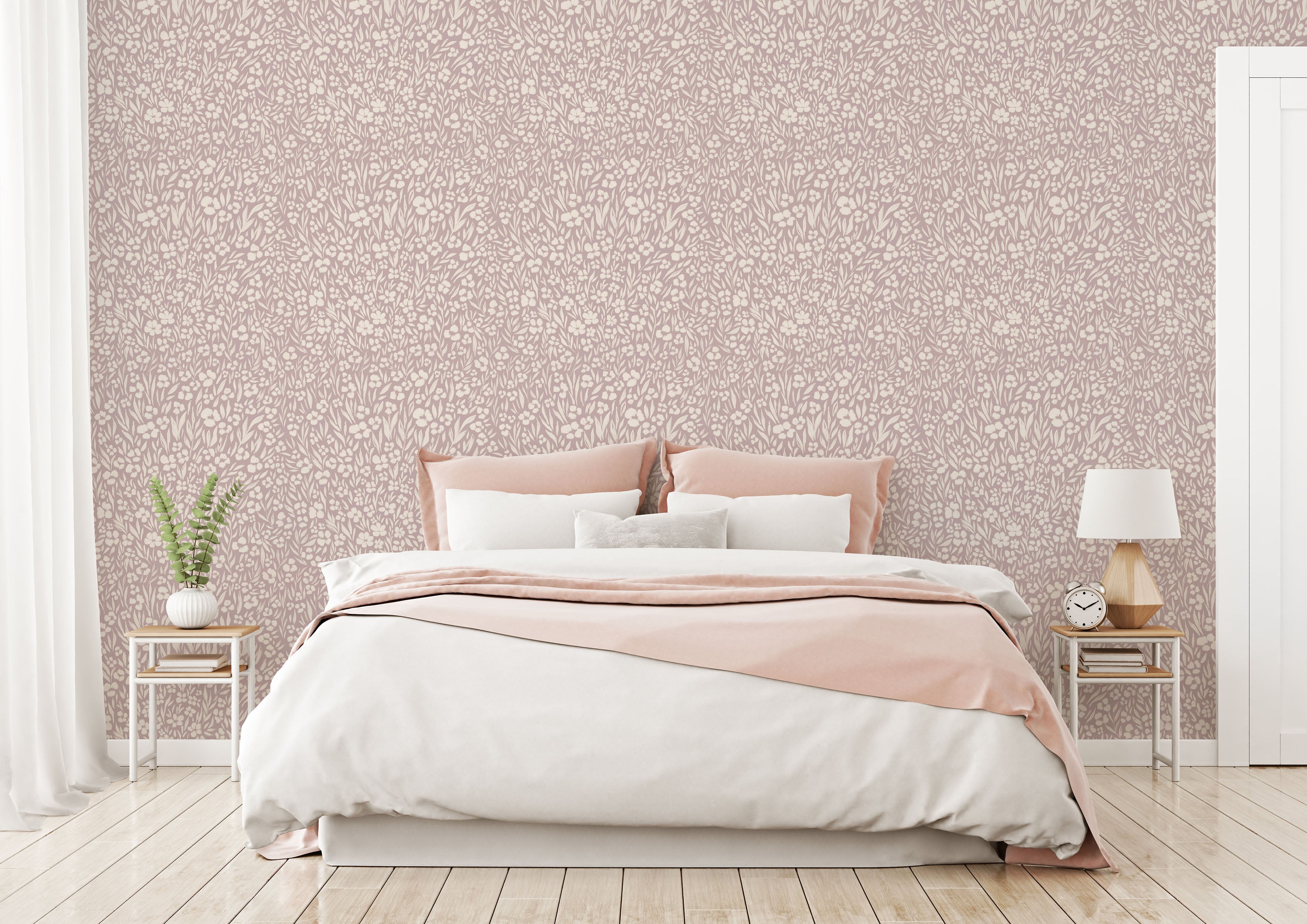 Bedroom with floral wallpaper, pink bed frame, and white bedding.