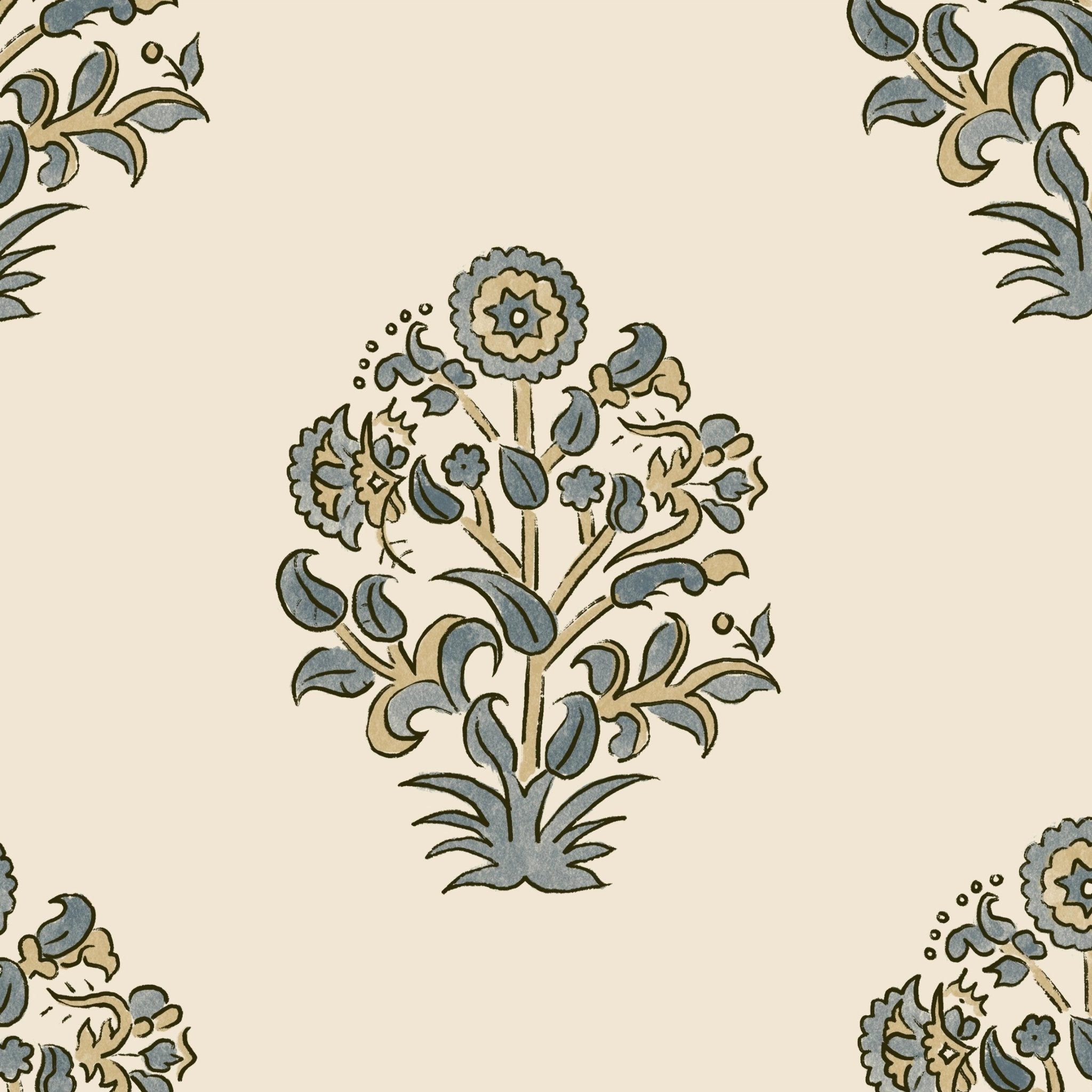 Close-up of classic block print floral pattern in blue and neutral tones on premium wallpaper material