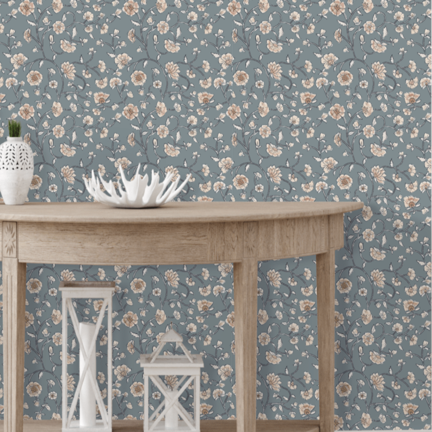 Blue Vintage Floral Wallpaper