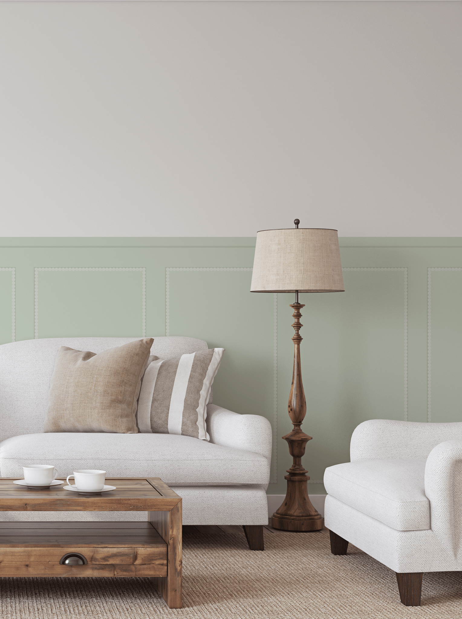 Green bobbin wall panel decals in a cozy modern living room