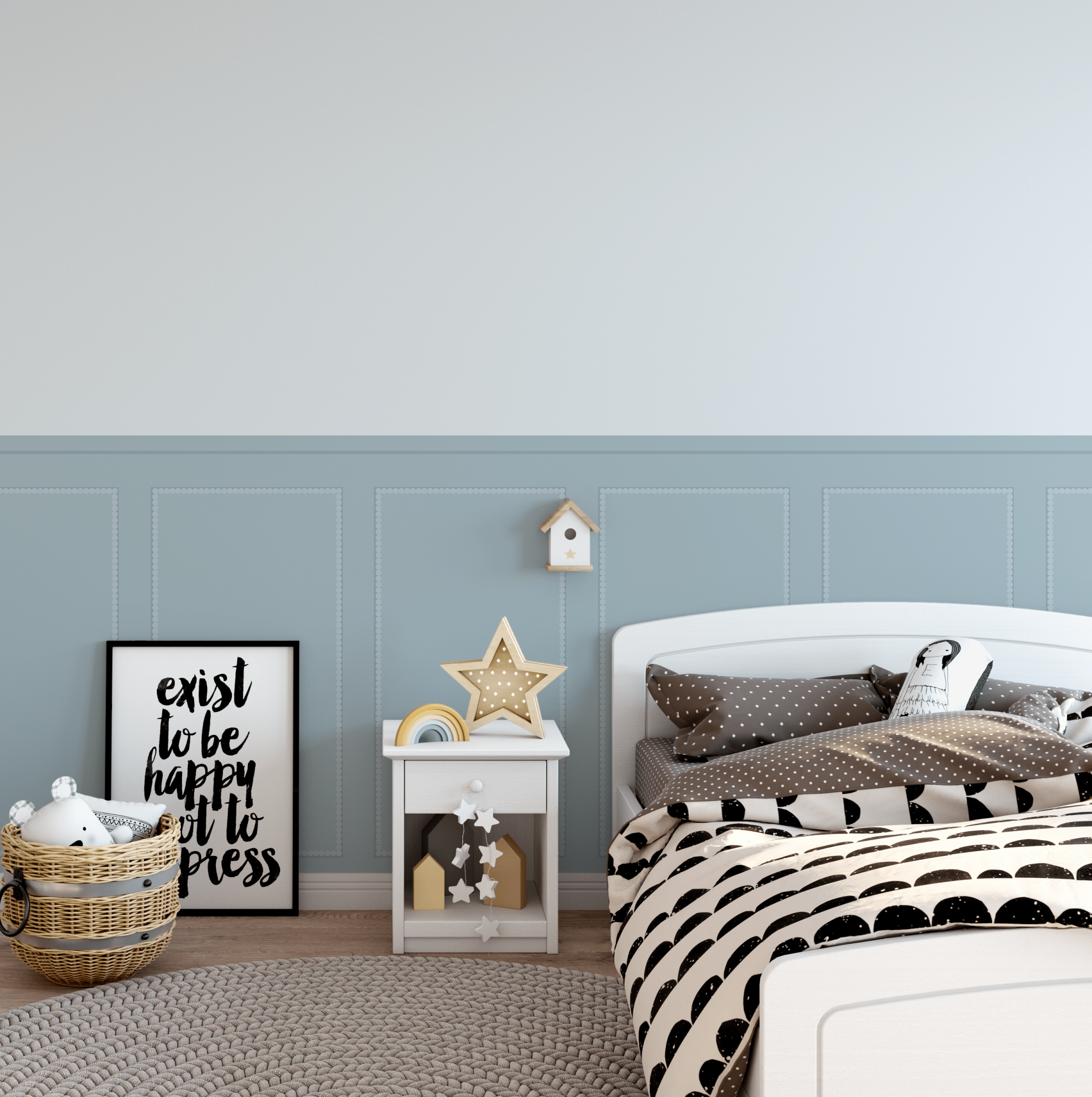 Blue peel and stick wall panels in a stylish kids' bedroom