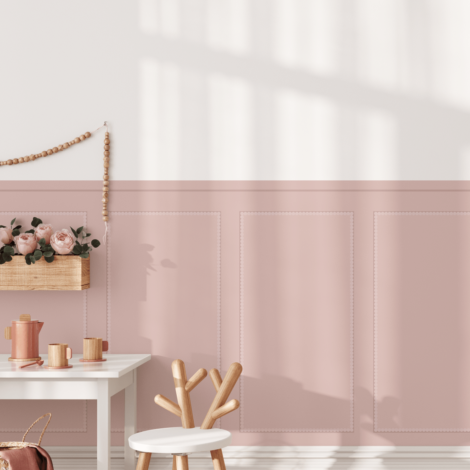 Pink removable wall paneling in a charming nursery setting
