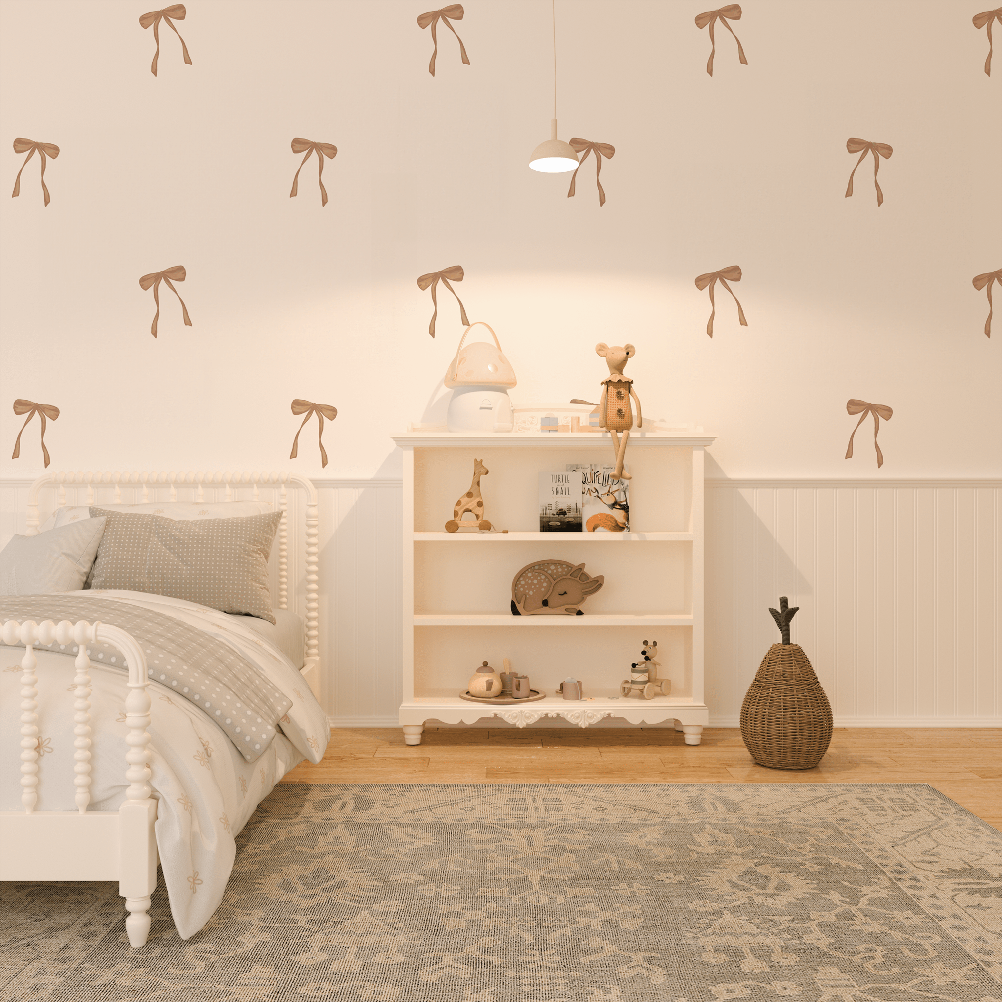 Cozy girls' bedroom with removable bow stickers on the walls, enhancing the room's soft, playful, and vintage-inspired design