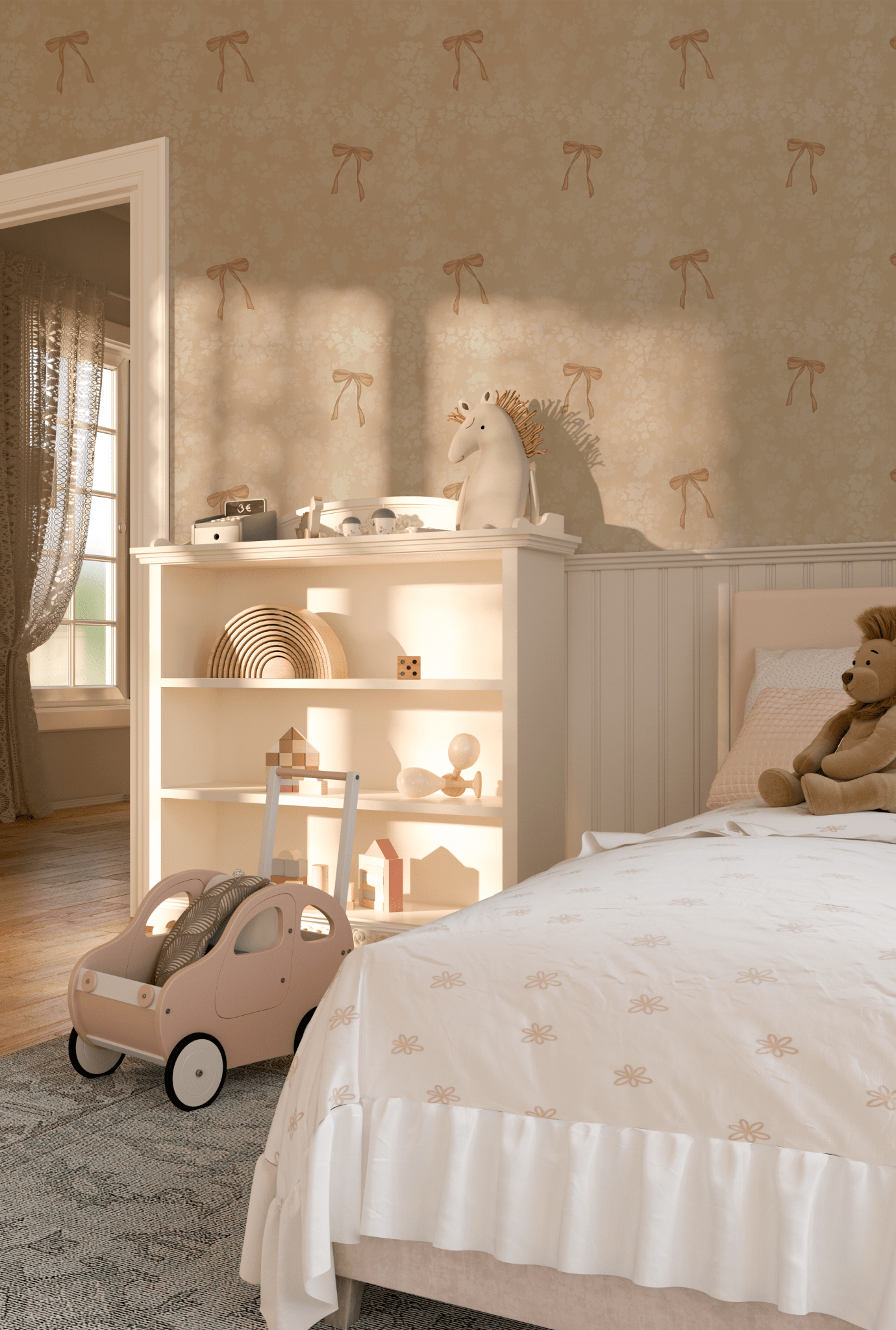 Children's bedroom with walls covered in soft beige wallpaper featuring delicate bow patterns, enhancing a cozy, playful atmosphere