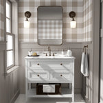 Gingham wallpaper in bathroom with white vanity and wood trim, cozy cottage feel