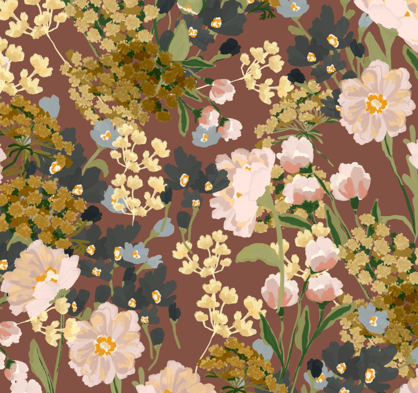 Seamless wallpaper design featuring a vibrant floral pattern with various flowers in shades of pink, yellow, green, and blue against a rich burgundy background. The intricate details of the flowers and foliage create a dense and lively composition