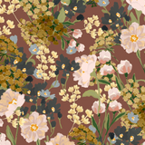 Seamless wallpaper design featuring a vibrant floral pattern with various flowers in shades of pink, yellow, green, and blue against a rich burgundy background. The intricate details of the flowers and foliage create a dense and lively composition