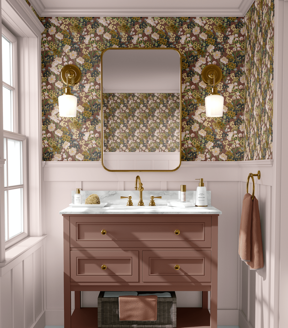 tiny floral wallpaper for home decor, brown burgundy red
