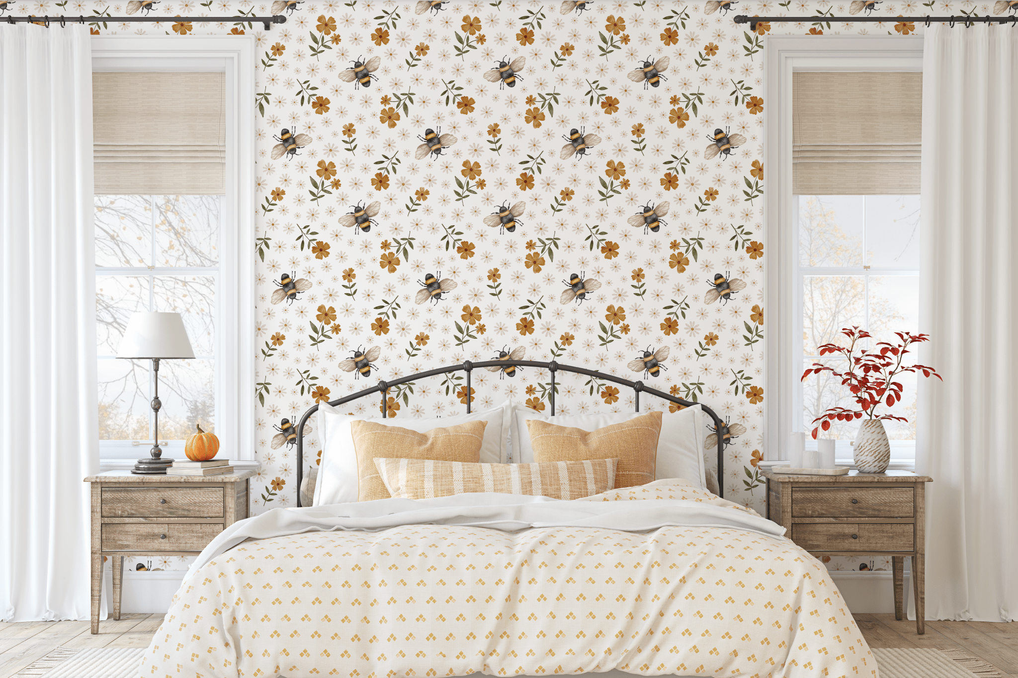 Bumblebee floral wallpaper in a vintage-style bedroom decor