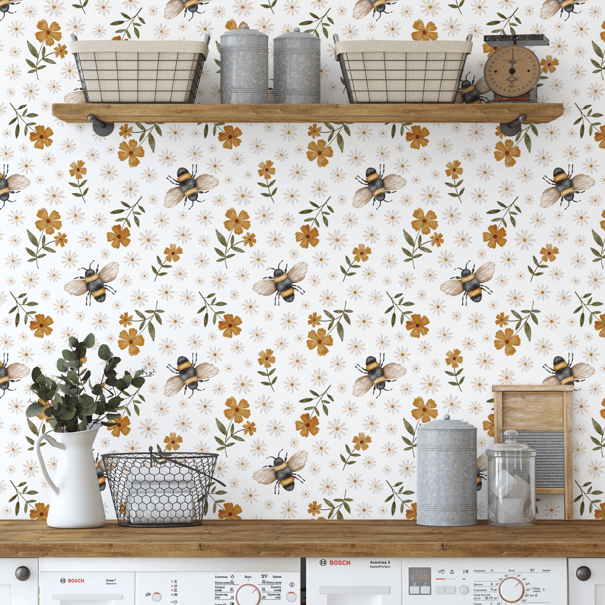 Busy bee wallpaper with bumblebees and florals in a cozy kitchen setting
