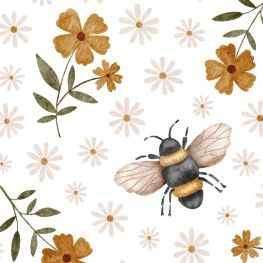Whimsical bee wallpaper with mustard flowers and olive green vines shown as a close-up wall pattern sample