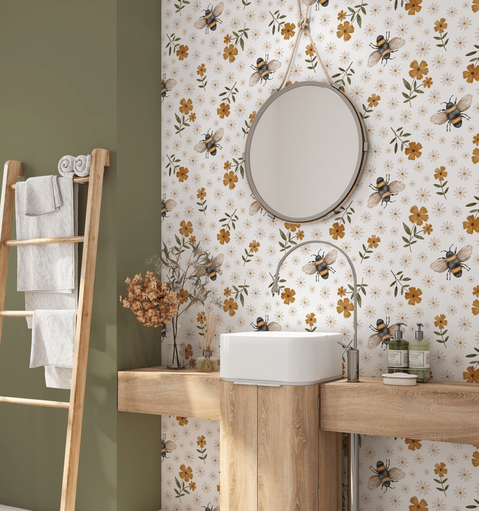 Cottagecore wallpaper featuring bees and wildflowers in a bathroom