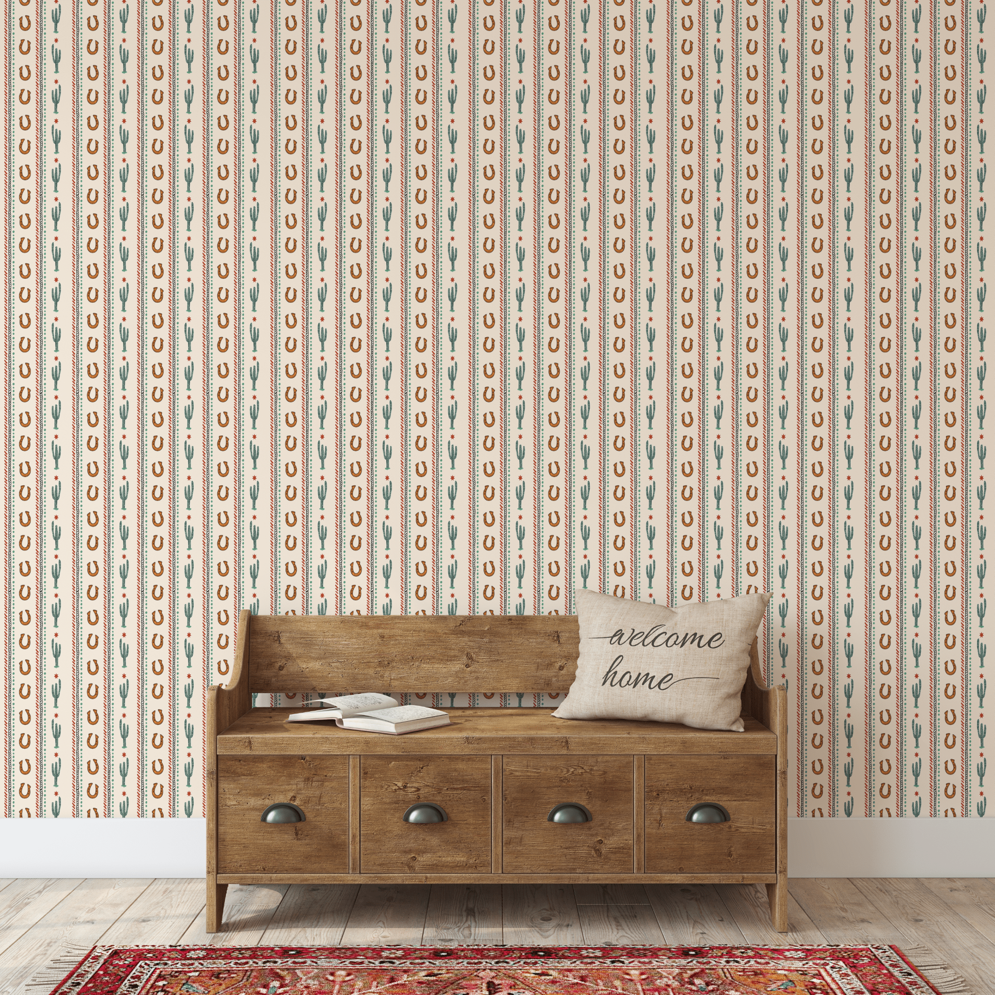 Neutral Western-themed wallpaper with cacti and horseshoes, styled in a classic entryway