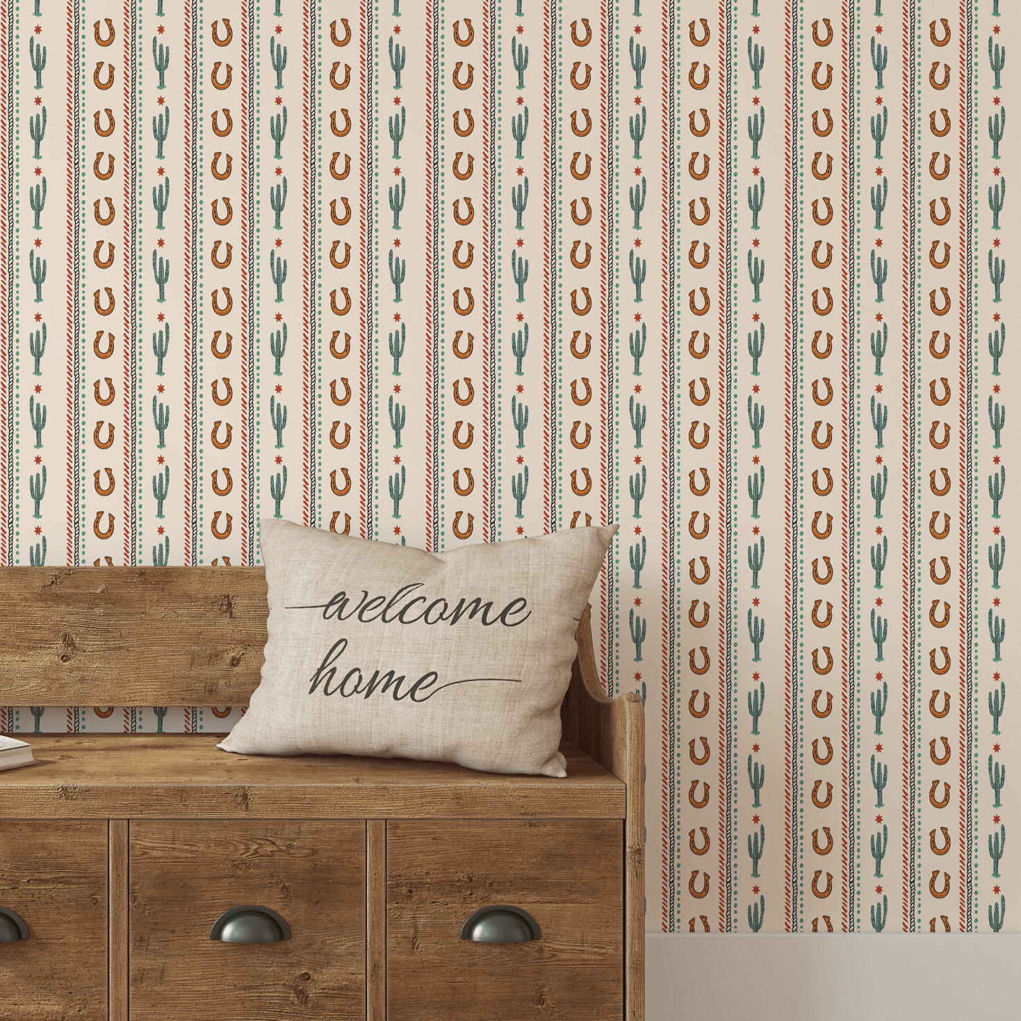 Cozy entryway decorated with Cactus Trail wallpaper featuring a cactus and horseshoe pattern