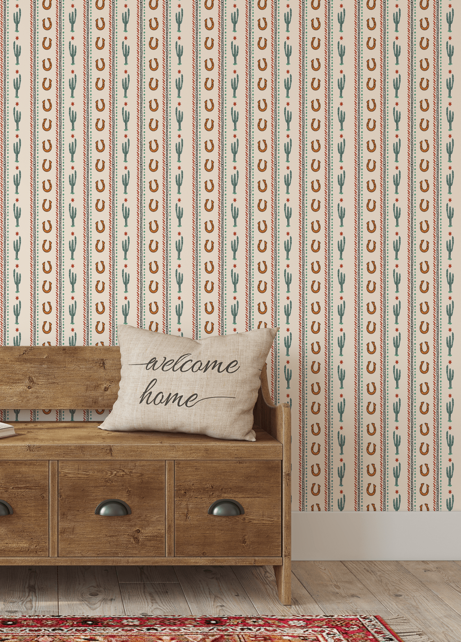 Cozy entryway decorated with Cactus Trail wallpaper featuring a cactus and horseshoe pattern