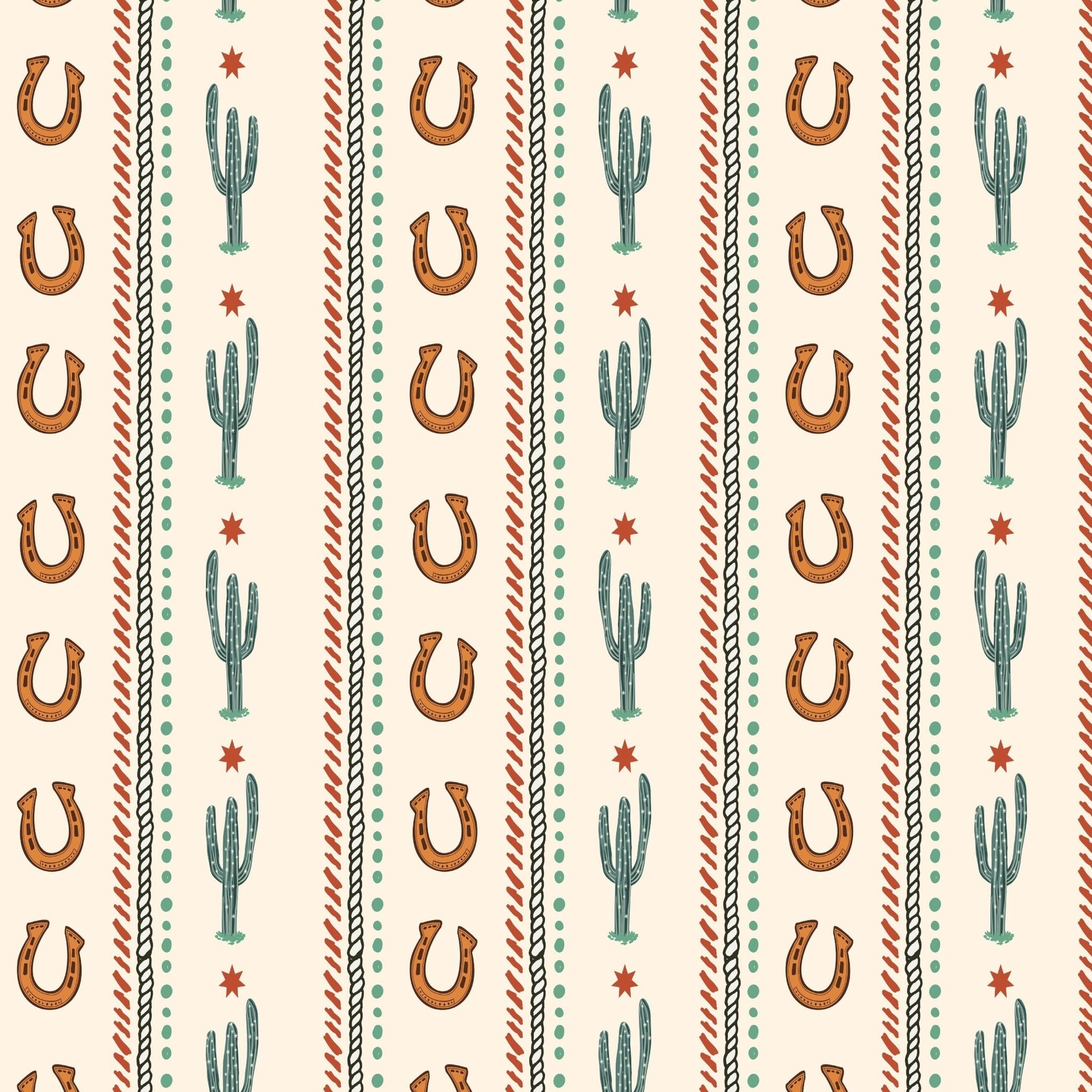 Cactus Trail Western wallpaper with cactus and horseshoe pattern, close-up view