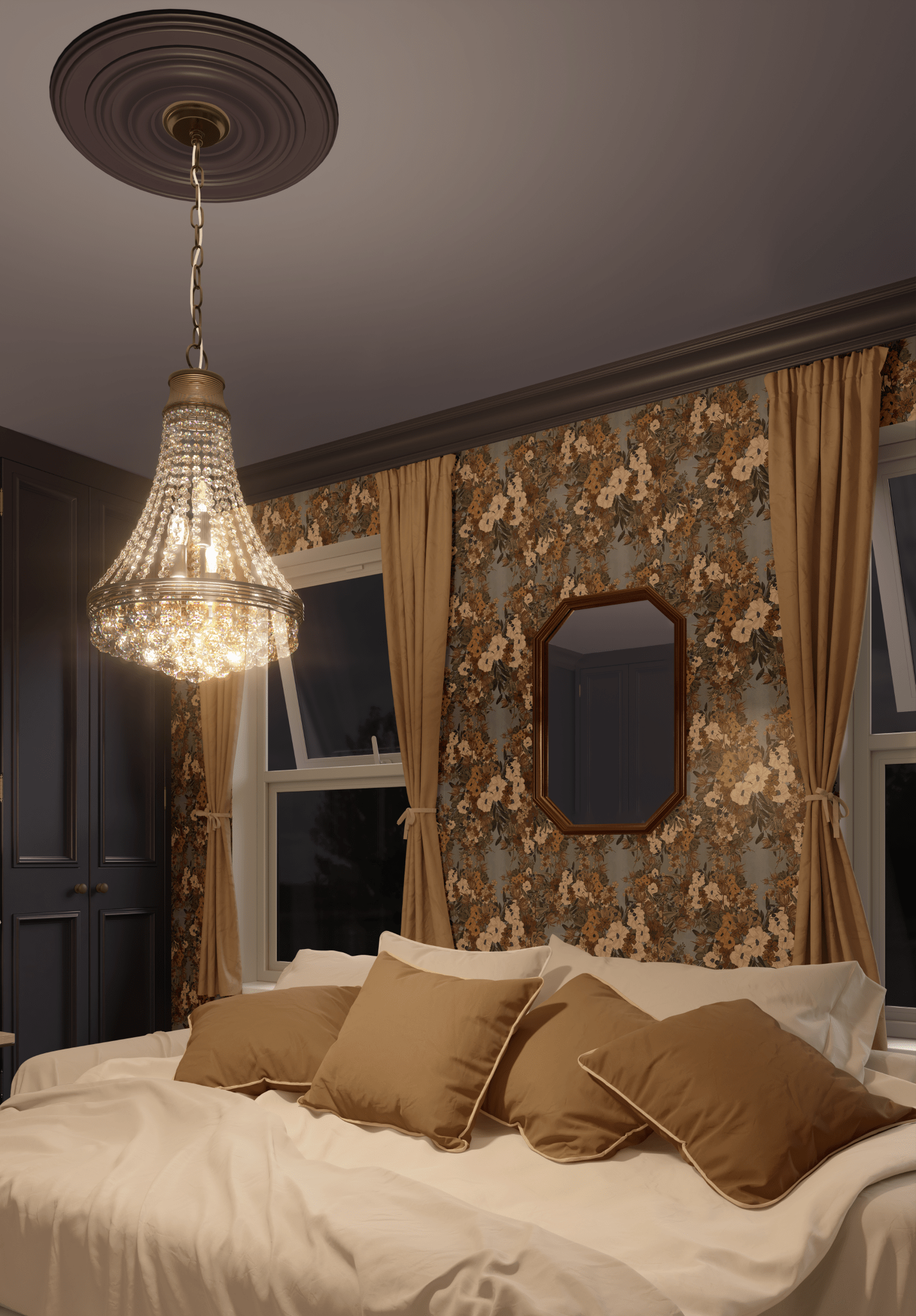A classic bedroom interior featuring an opulent crystal chandelier and vintage floral wallpaper. The decor includes a plush bed with cream linens and matching curtains, all enhanced by rich, dark wood furniture and an elegant octagonal mirror.