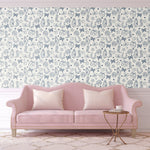 blue coastal cowgirl wallpaper with cowbot hat cowboy boots, cherries, ribbons, surfboard and bows