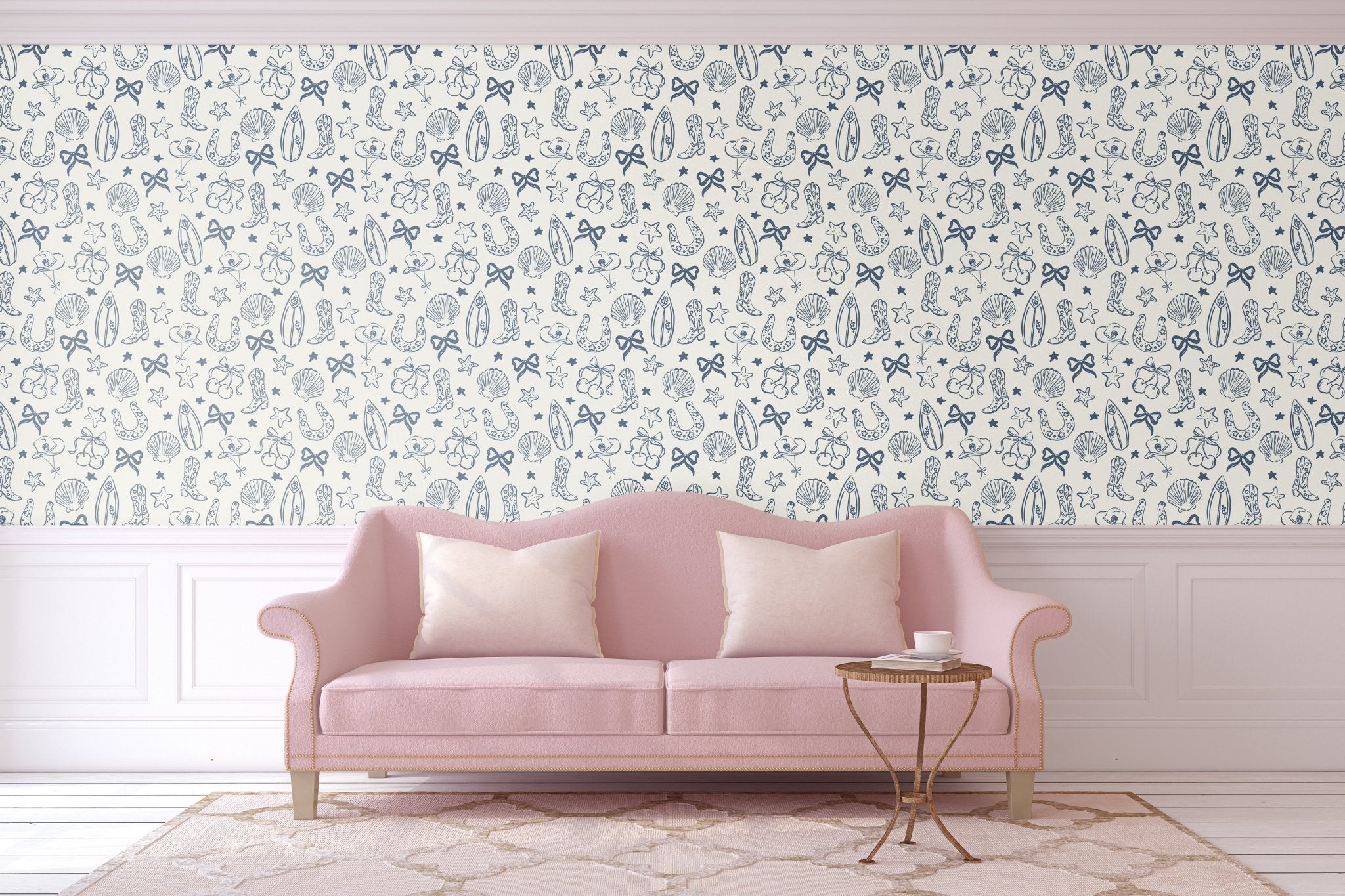 blue coastal cowgirl wallpaper with cowbot hat cowboy boots, cherries, ribbons, surfboard and bows