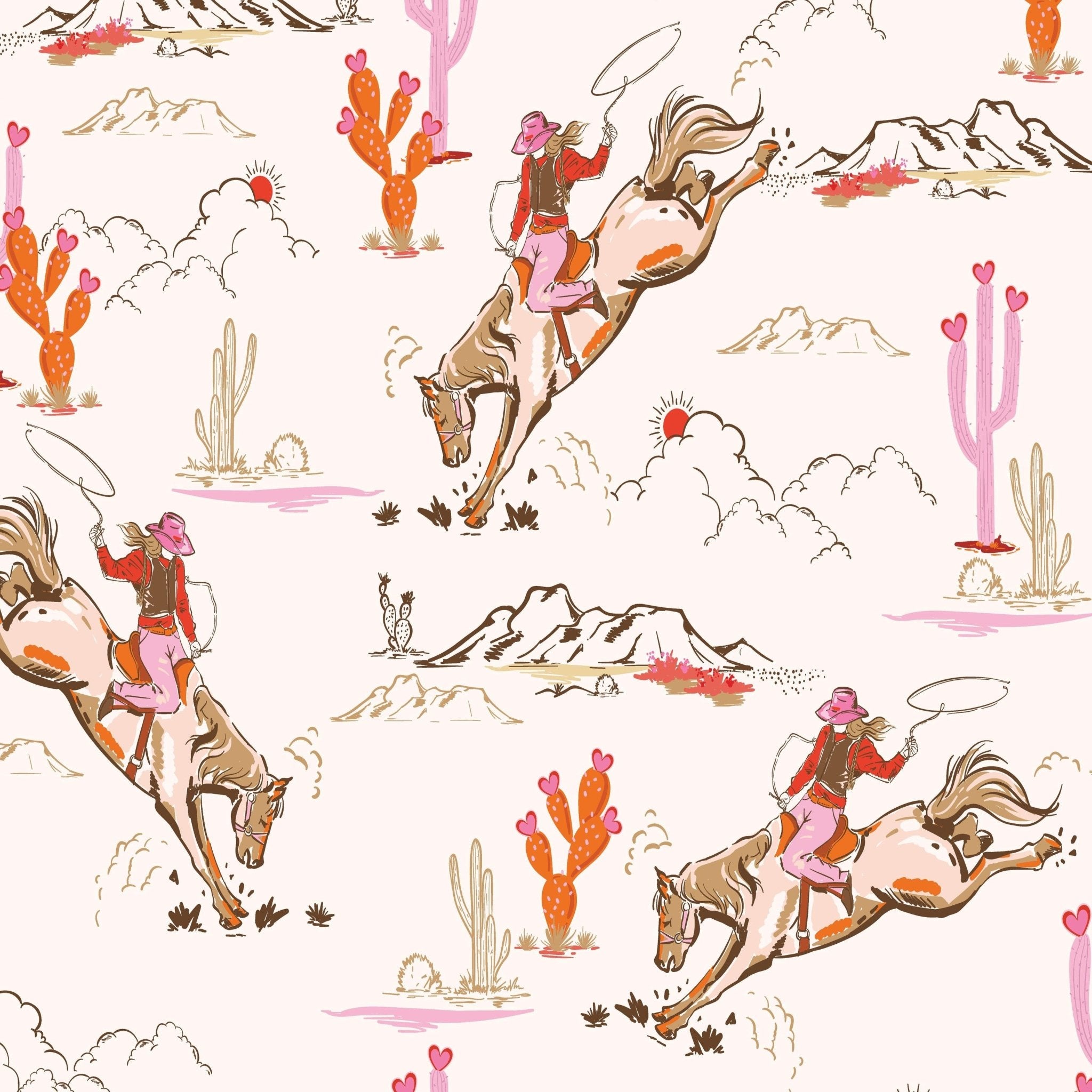 Close-up view of Coral Rodeo wallpaper, featuring vintage-style cowgirl illustrations with cacti and desert scenery in warm, earthy tones