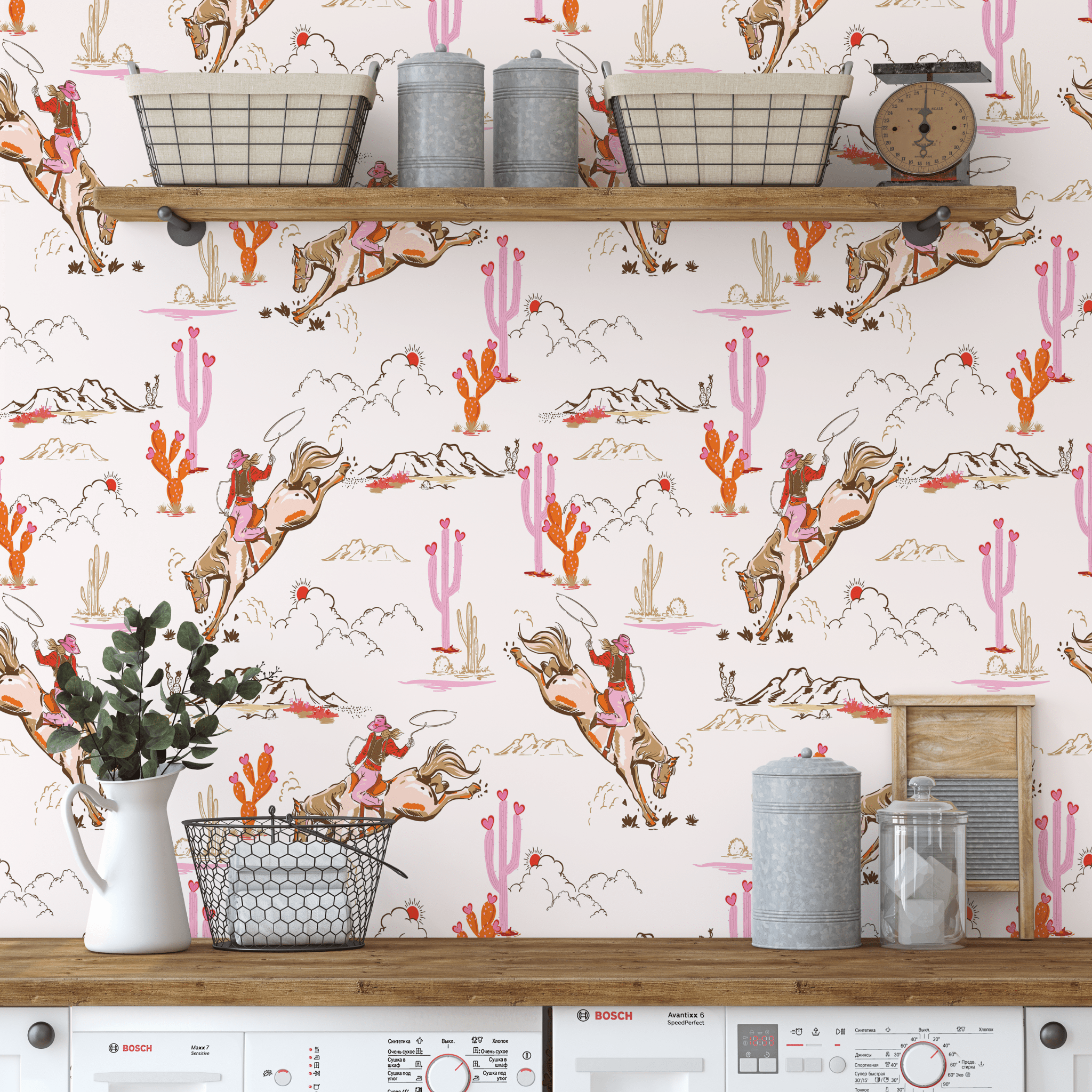 Rustic-inspired laundry room featuring Coral Rodeo wallpaper with vintage cowgirl and desert cactus designs, adding a playful Western touch
