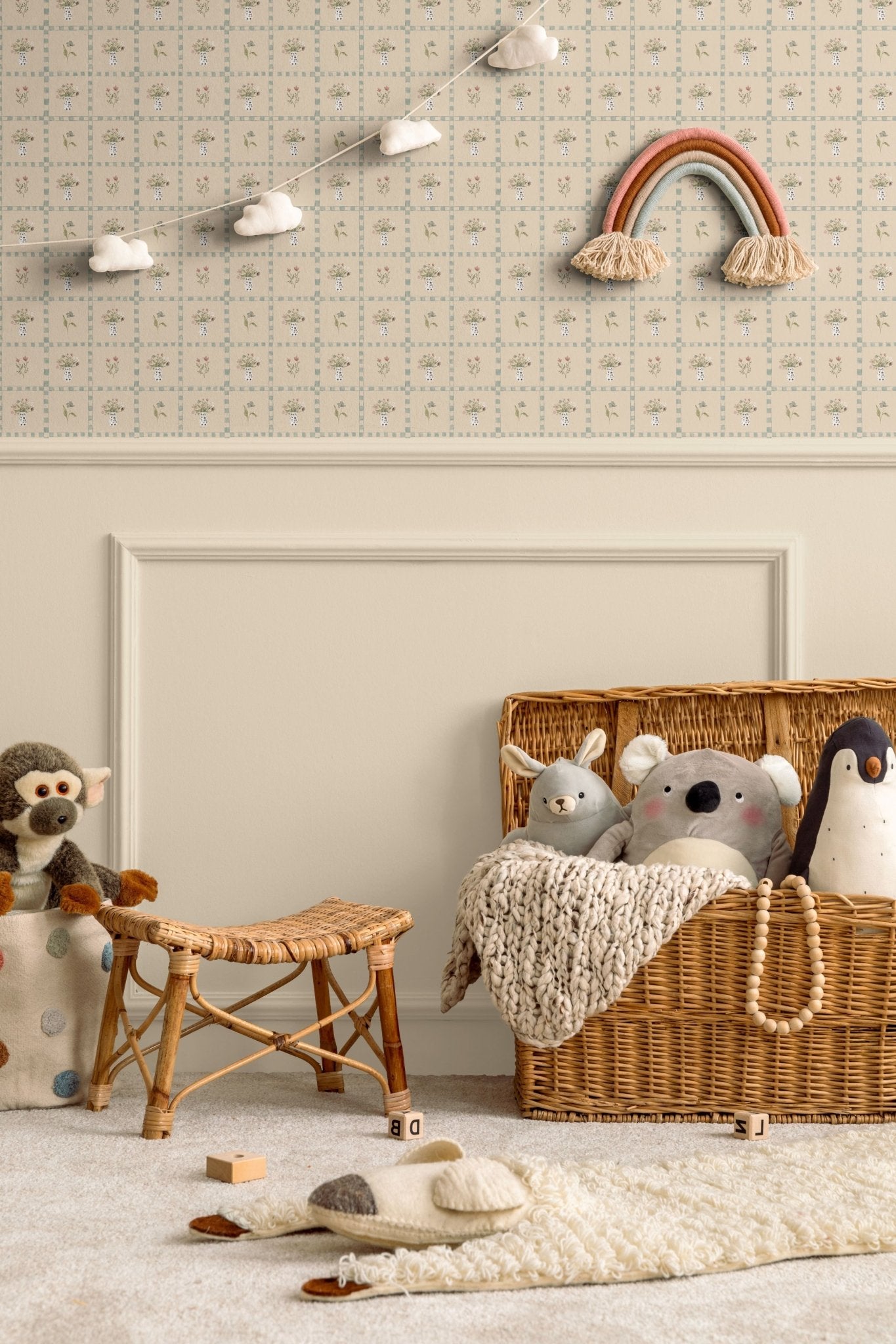 Charming cottagecore kids' room with vintage floral wallpaper, woven basket, and cozy plush toys, creating a nostalgic and whimsical atmosphere