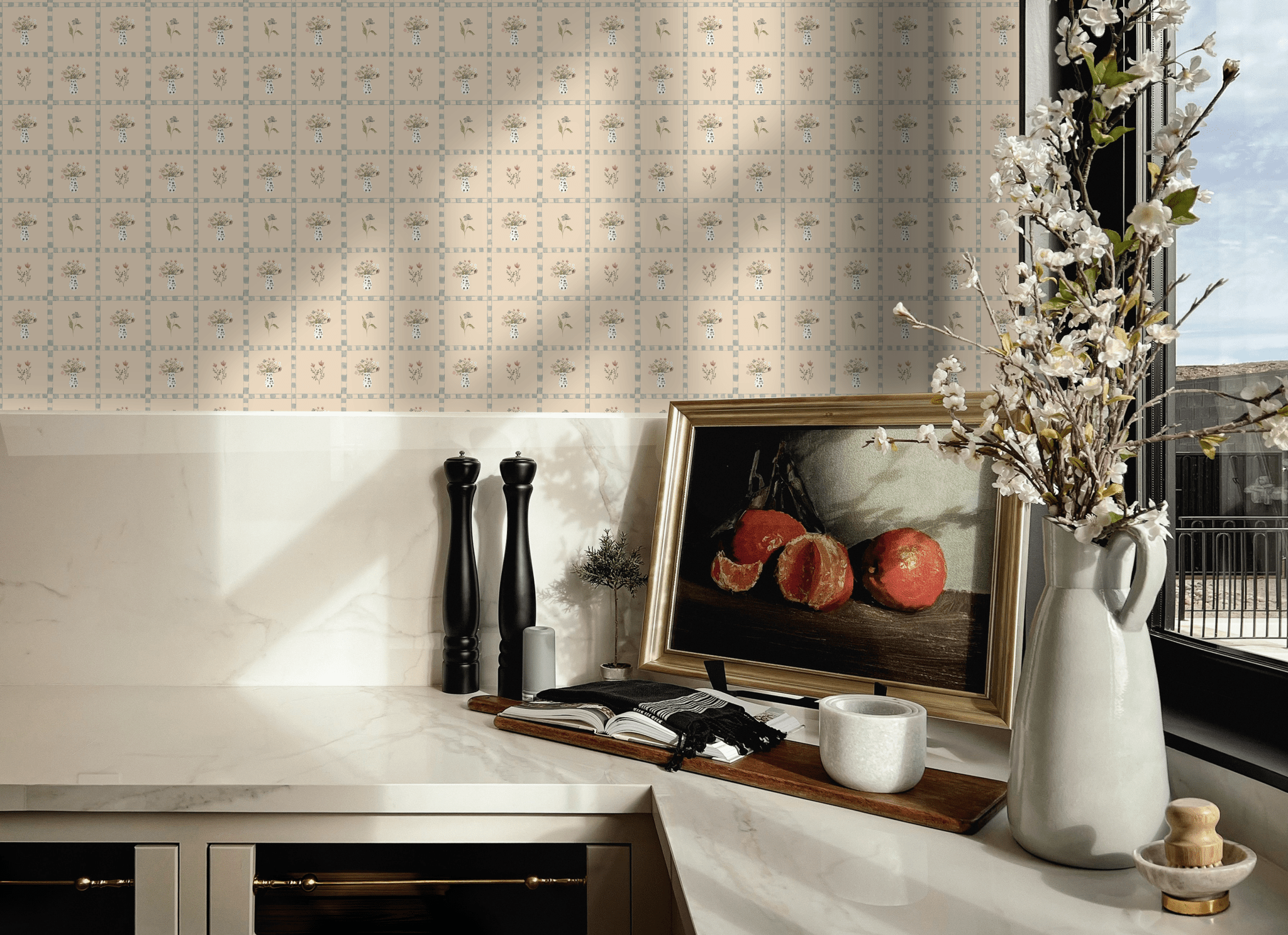 Cottagecore wallpaper with vintage floral tile design used in a cozy kitchen, featuring delicate flower patterns and soft beige tones