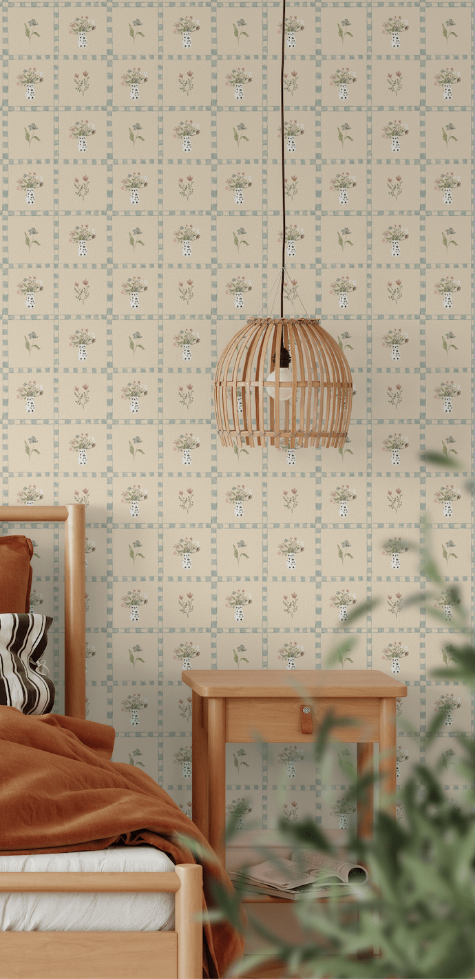 Cozy cottage-style bedroom featuring floral cottagecore wallpaper, soft lighting, and natural wooden elements for a warm, earthy aesthetic