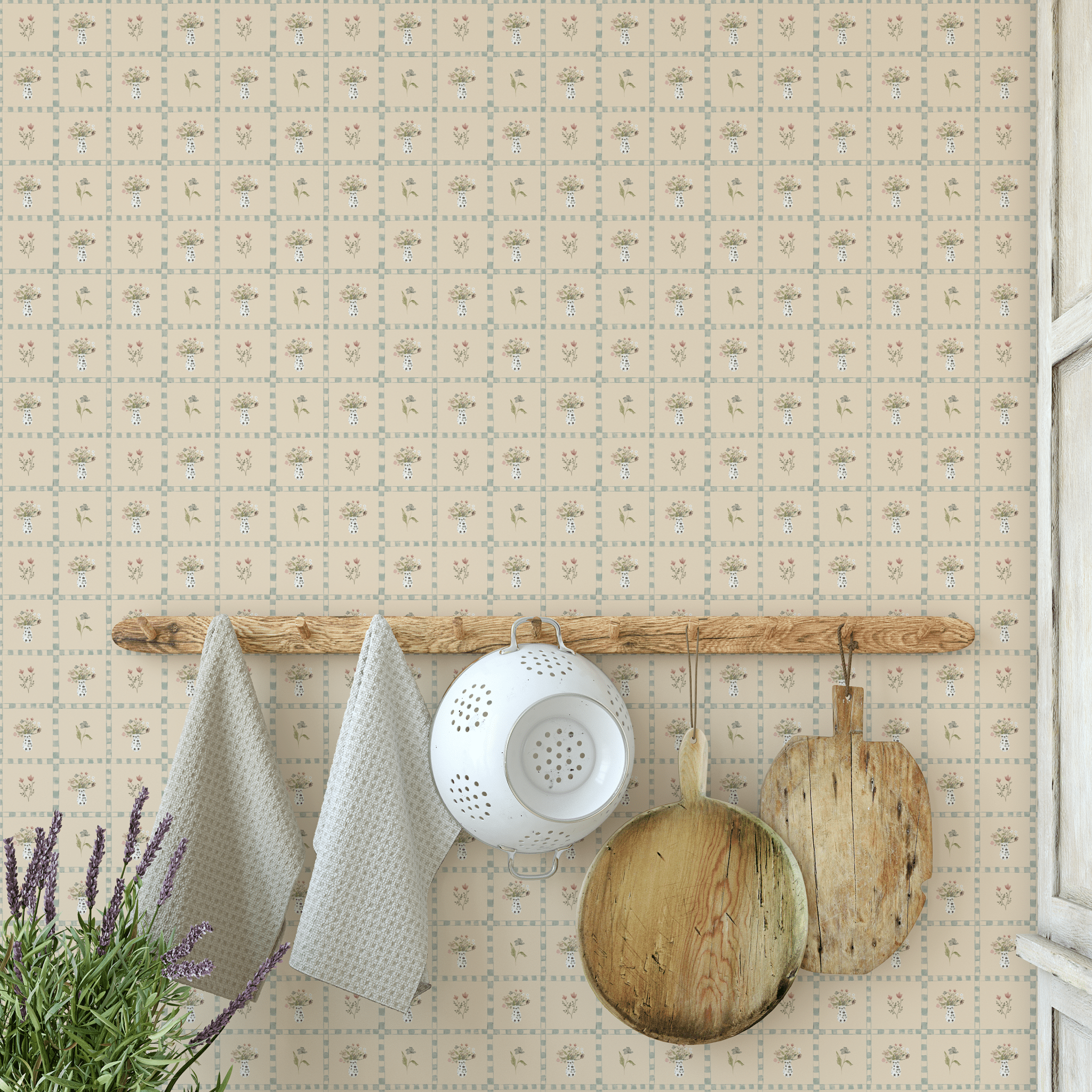 Rustic kitchen featuring floral tile wallpaper, enhancing the Cottagecore aesthetic with soft beige and pastel floral details