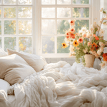 Sunlit bedroom with Cream Tartan Wallpaper and a vase of vibrant flowers