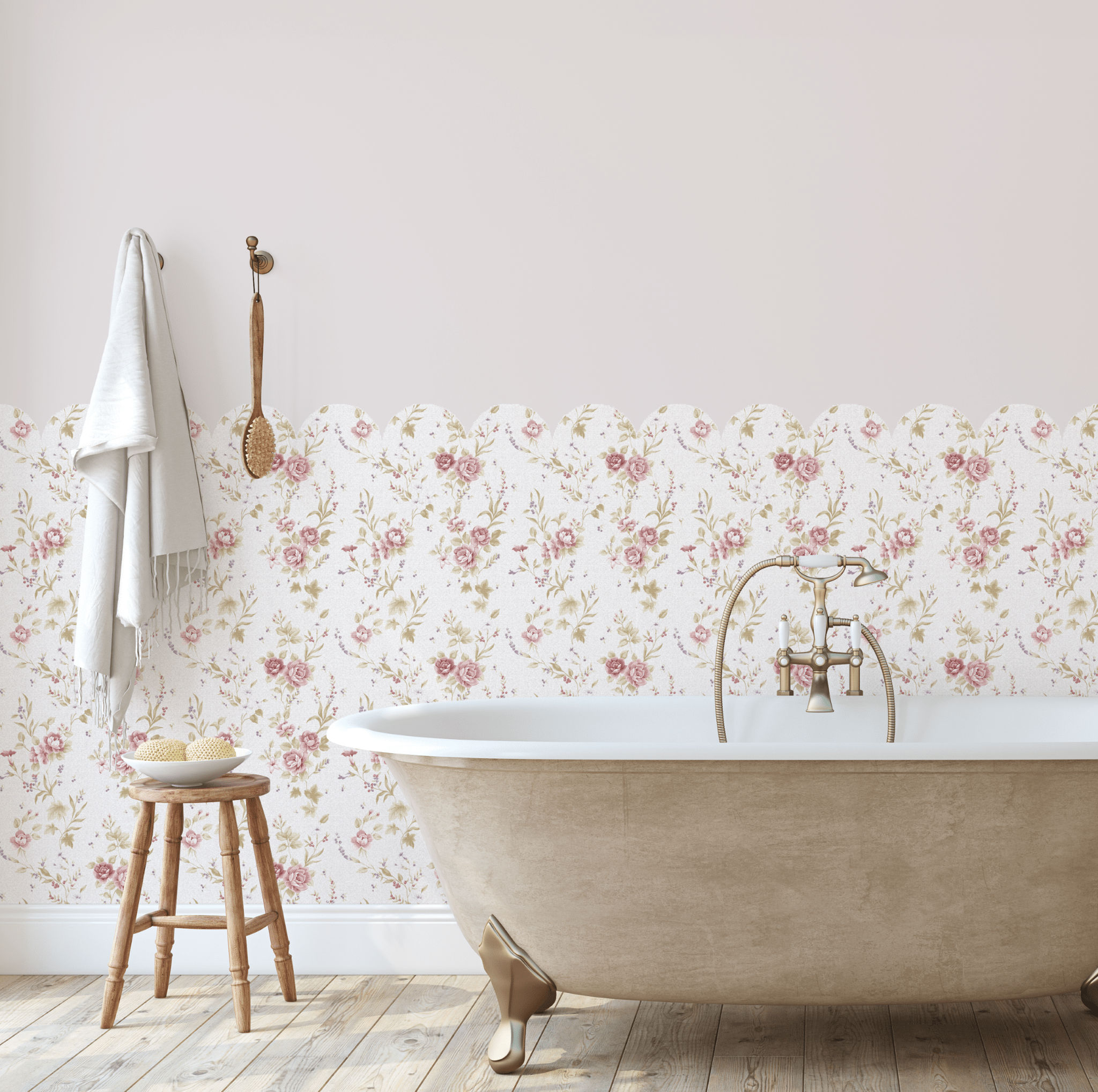 Floral wallpaper scallops create a vintage bathroom look