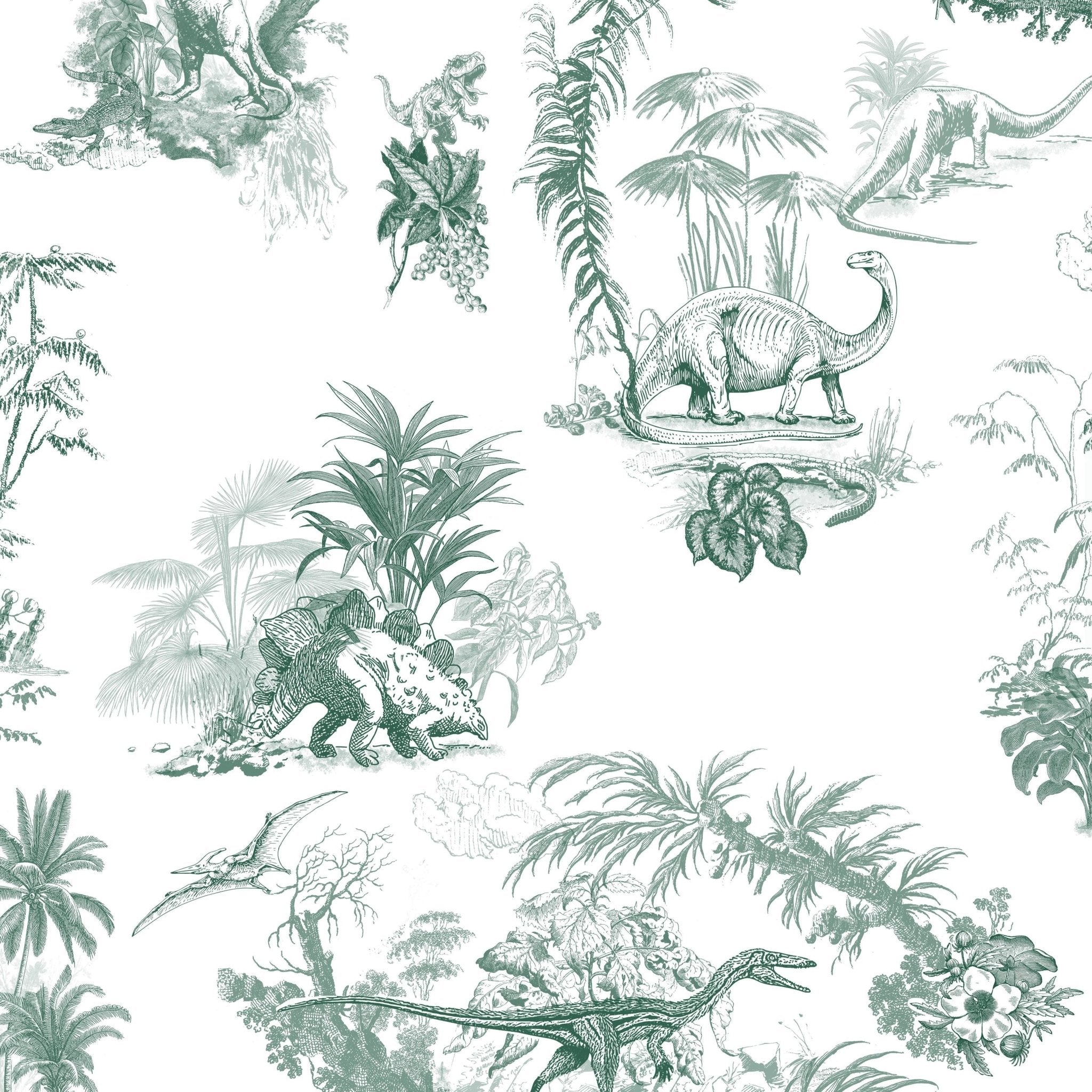 Close-up of green dinosaur toile wallpaper with detailed sketches of dinosaurs and tropical foliage, perfect for a kid's room or nursery