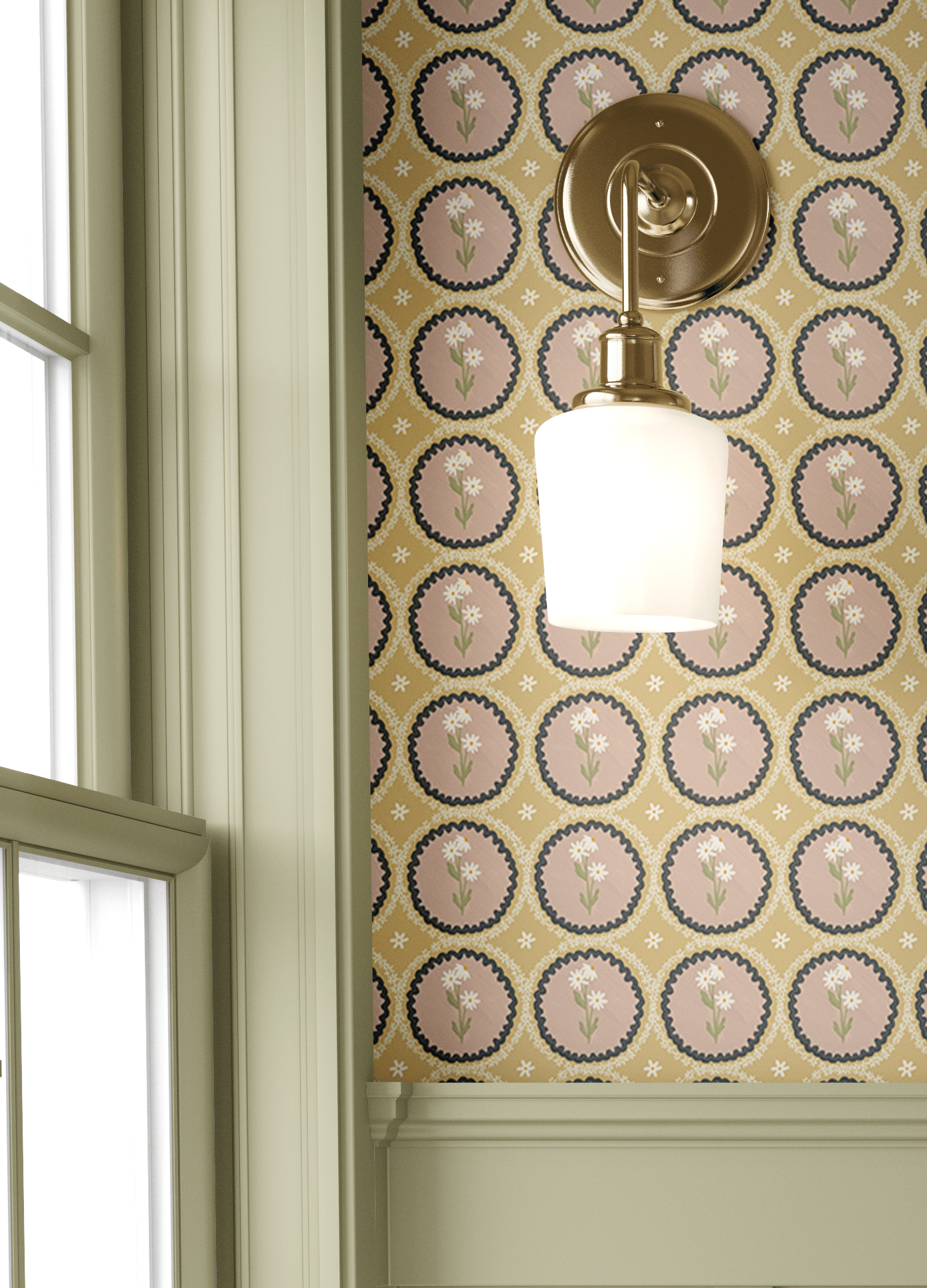 A sage green panel wall with brass sconce lighting, complemented by mustard yellow floral scalloped wallpaper for a sophisticated farmhouse-inspired look.