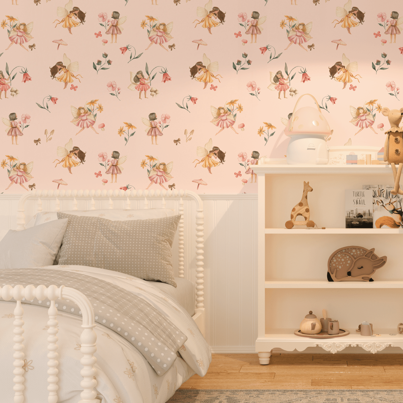 child's bedroom, showcasing the fairy wallpaper, the bed with decorative pillows, a bookshelf with children's books and toys, and a ceiling light