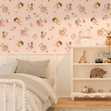 child's bedroom, showcasing the fairy wallpaper, the bed with decorative pillows, a bookshelf with children's books and toys, and a ceiling light