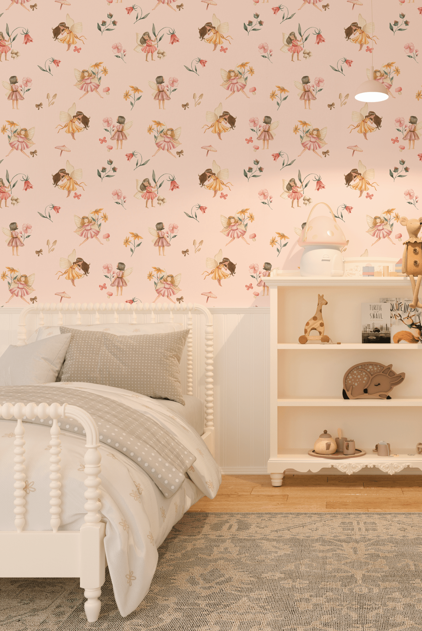 child's bedroom, showcasing the fairy wallpaper, the bed with decorative pillows, a bookshelf with children's books and toys, and a ceiling light