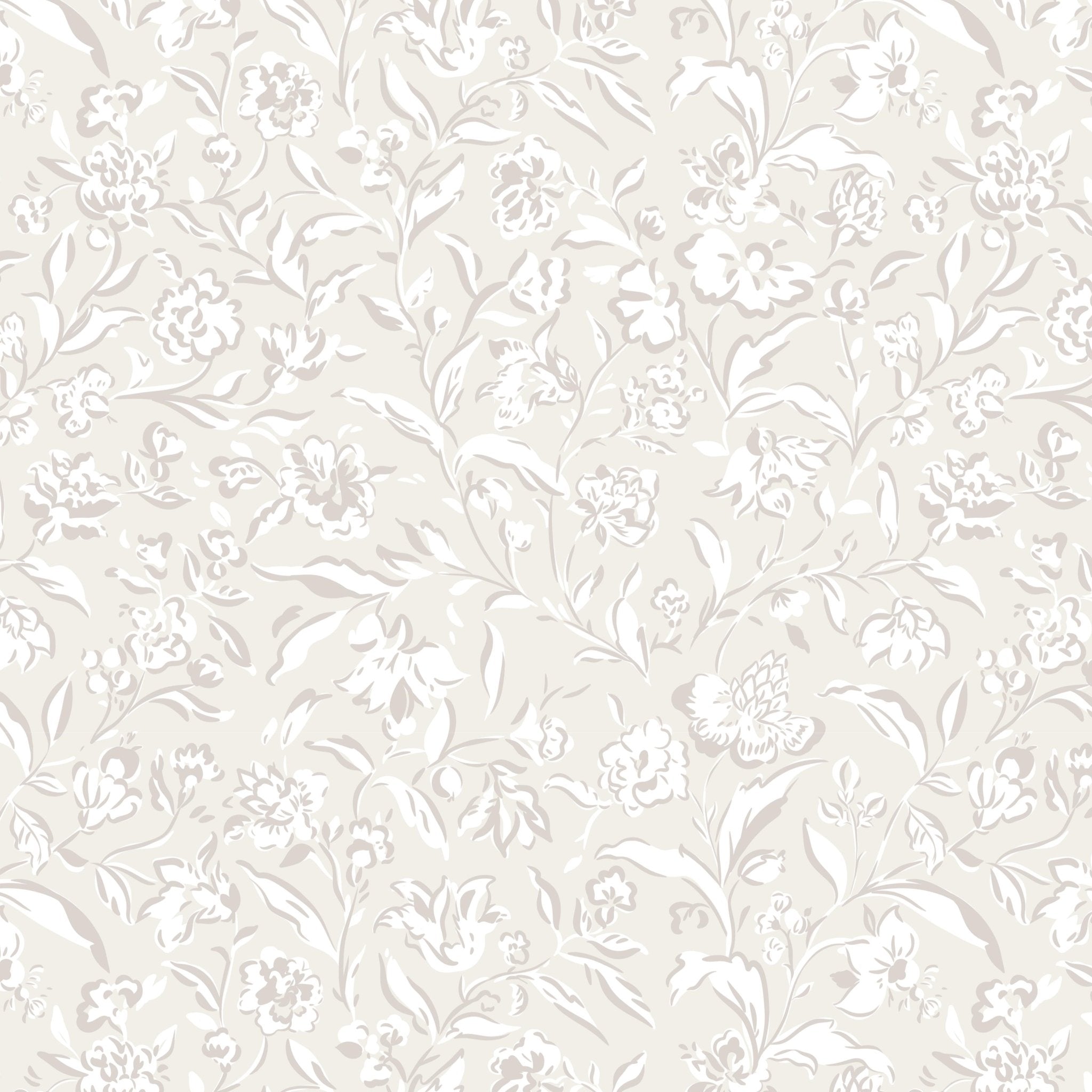 A close-up view of a beige wallpaper with a delicate floral pattern in white and light grey. The design features intricate flowers and leaves, creating a soft, elegant, and vintage-inspired look.