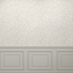 A room with a wooden floor and a light beige wallpaper featuring a delicate white floral pattern. The bottom portion of the wall has beige wainscoting with decorative molding, creating a cohesive and sophisticated appearance.